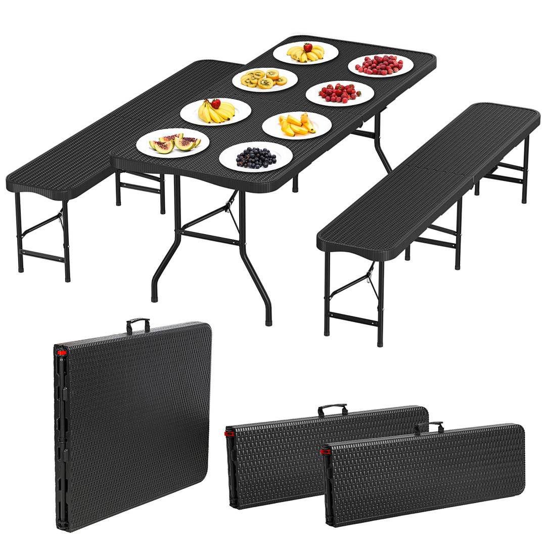 Bierzeltgarnitur 3-tlg., Tisch+2 Bänke, klappbar, Rattan-Look Schwarz – 180 x 74 x 74 cm – Gartenmöbel-Set Festzeltgarnitur Sitzgarnitur