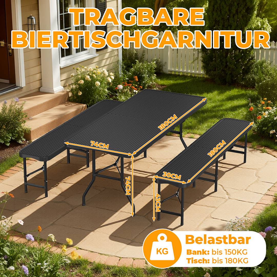 Bierzeltgarnitur 3-tlg., Tisch+2 Bänke, klappbar, Rattan-Look Schwarz – 180 x 74 x 74 cm – Gartenmöbel-Set Festzeltgarnitur Sitzgarnitur