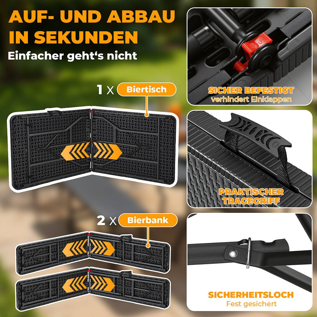 Bierzeltgarnitur 3-tlg., Tisch+2 Bänke, klappbar, Rattan-Look Schwarz – 180 x 74 x 74 cm – Gartenmöbel-Set Festzeltgarnitur Sitzgarnitur