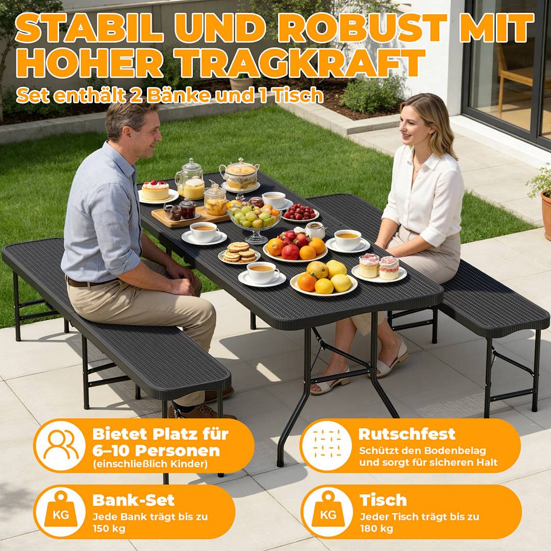 Bierzeltgarnitur 3-tlg., Tisch+2 Bänke, klappbar, Rattan-Look Schwarz – 180 x 74 x 74 cm – Gartenmöbel-Set Festzeltgarnitur Sitzgarnitur