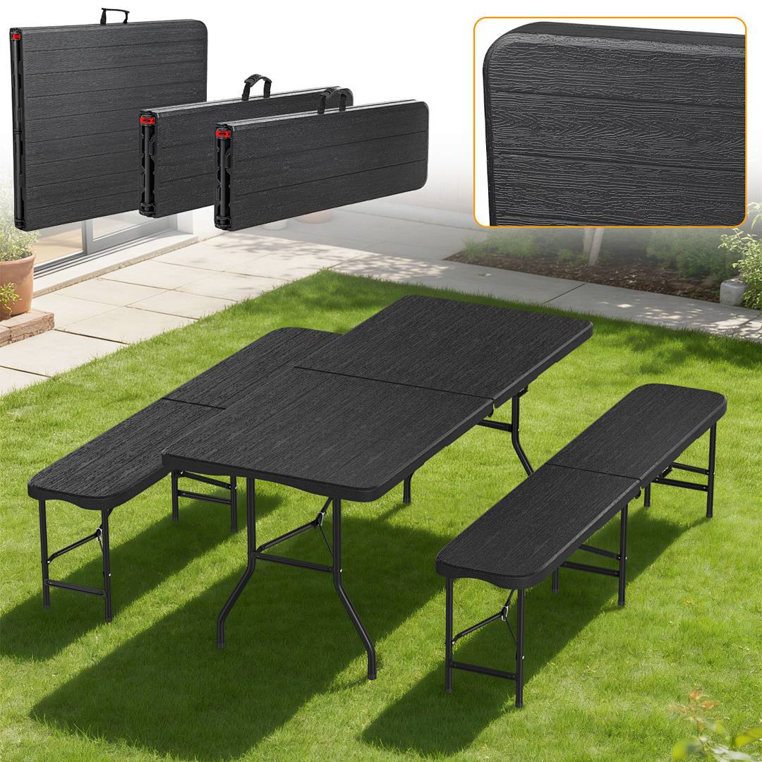 Bierzeltgarnitur 3-tlg., Tisch+2 Bänke, klappbar, Holzoptik-Look Schwarz – 180 x 74 x 74 cm – Gartenmöbel-Set Festzeltgarnitur Sitzgarnitur