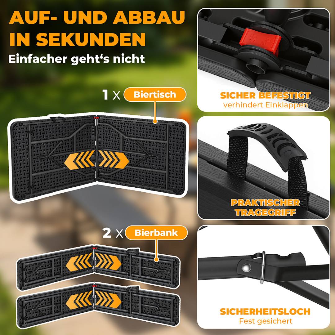 Bierzeltgarnitur 3-tlg., Tisch+2 Bänke, klappbar, Holzoptik-Look Schwarz – 180 x 74 x 74 cm – Gartenmöbel-Set Festzeltgarnitur Sitzgarnitur