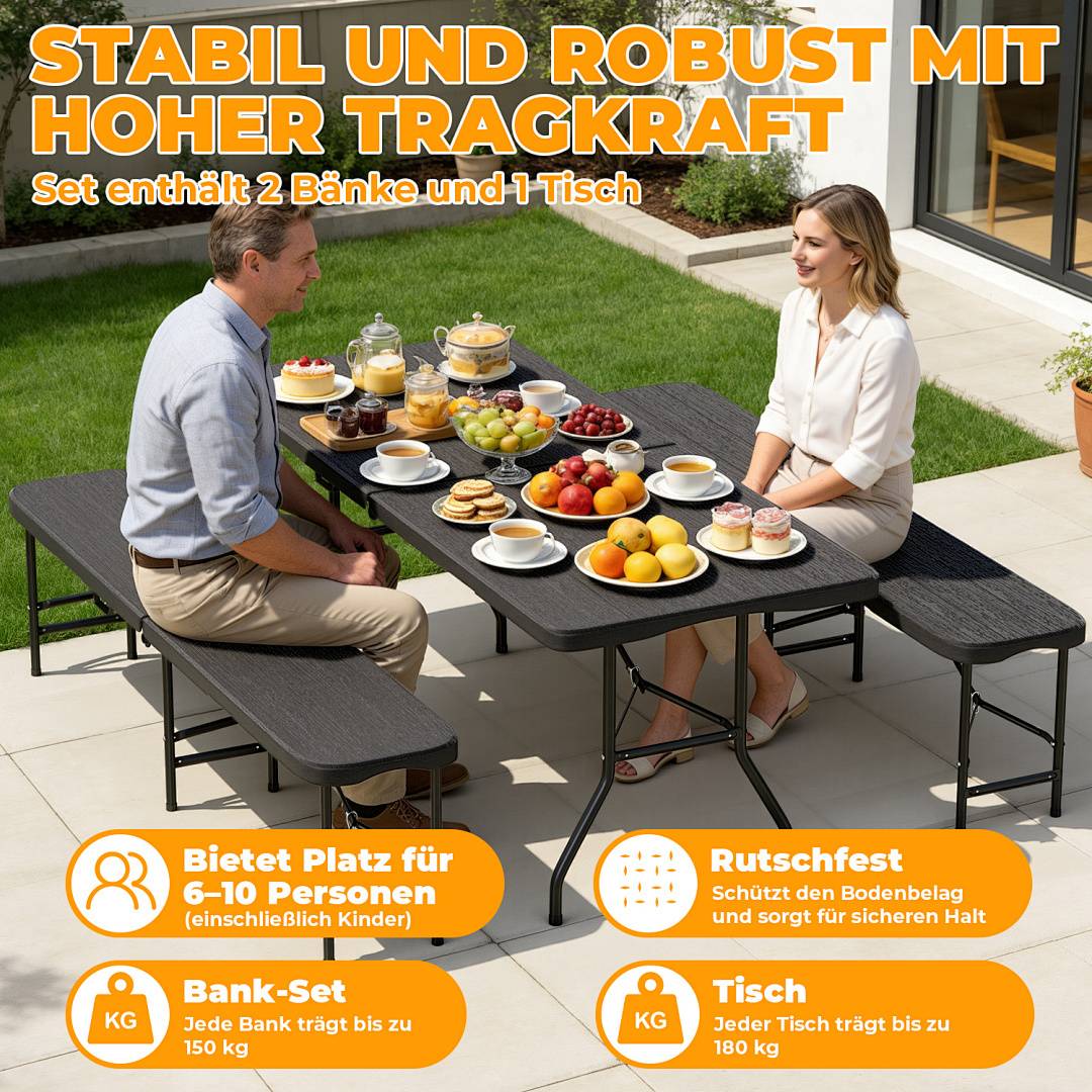 Bierzeltgarnitur 3-tlg., Tisch+2 Bänke, klappbar, Holzoptik-Look Schwarz – 180 x 74 x 74 cm – Gartenmöbel-Set Festzeltgarnitur Sitzgarnitur