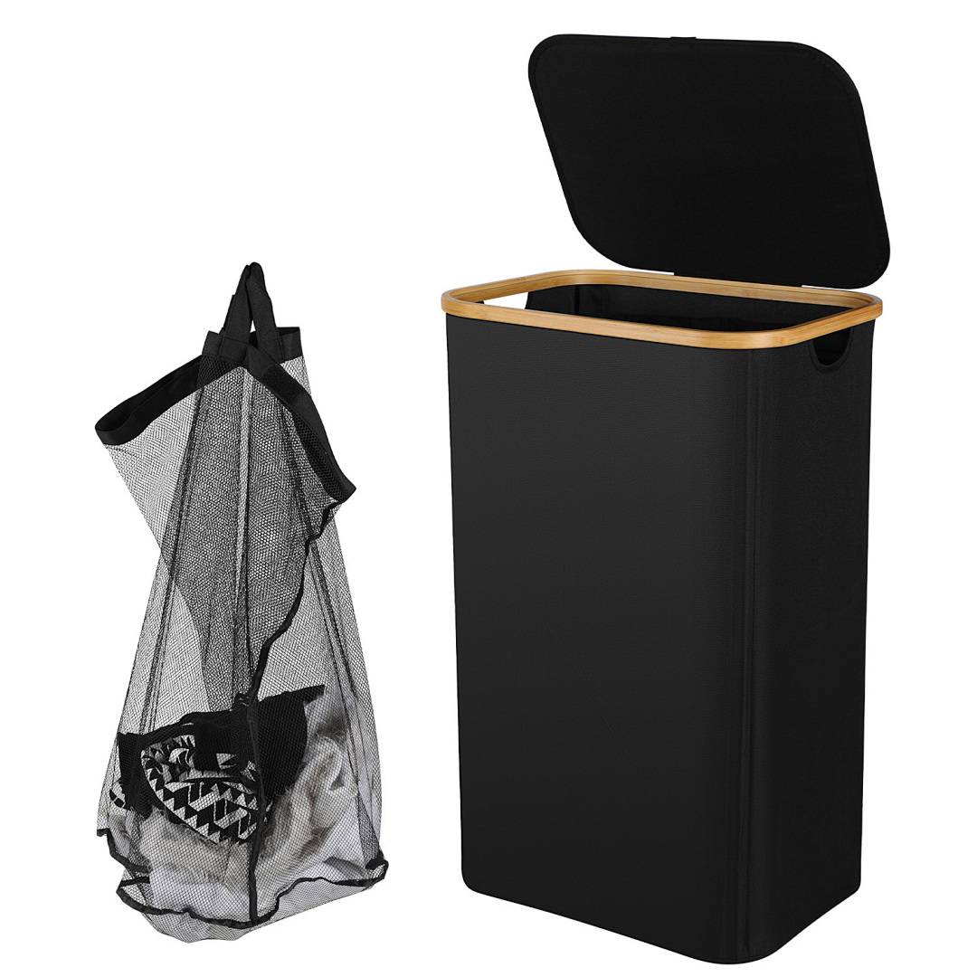 Wäschekorb mit Deckel 100L, Faltbarer Wäschesammler mit herausnehmbarem Wäschesack, Wäschebox Wäschetruhe, Schwarz