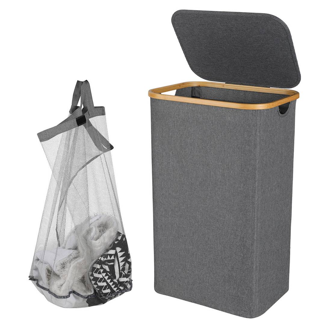 Wäschekorb mit Deckel 100L, Faltbarer Wäschesammler mit herausnehmbarem Wäschesack, Wäschebox Wäschetruhe, Grau