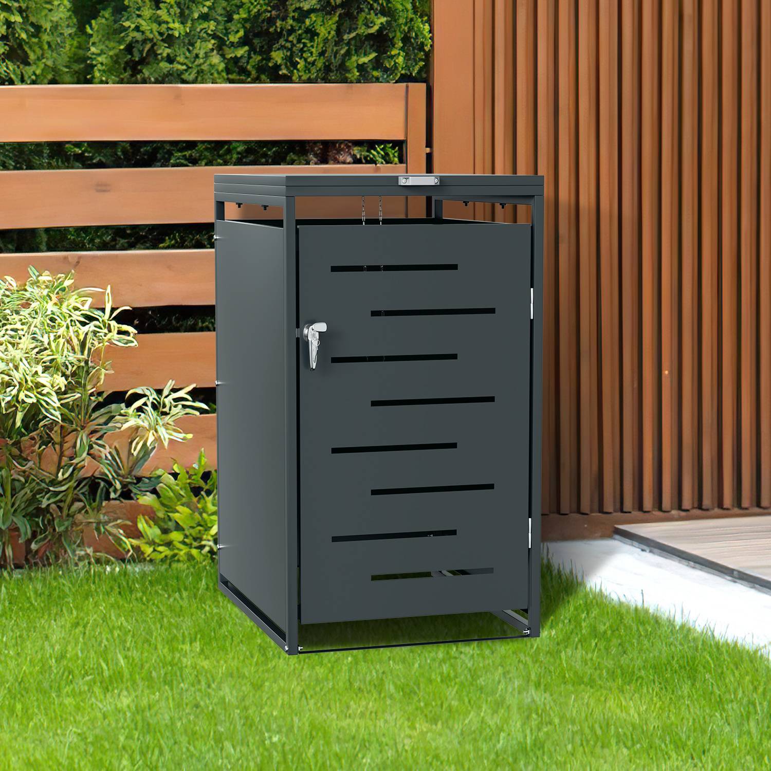 Mülltonnenbox Mülltonnenverkleidung für 120L & 240L Mülltonne, Edelstahl pulverbeschichtet, wetterfest, mit Gasdruckdeckel