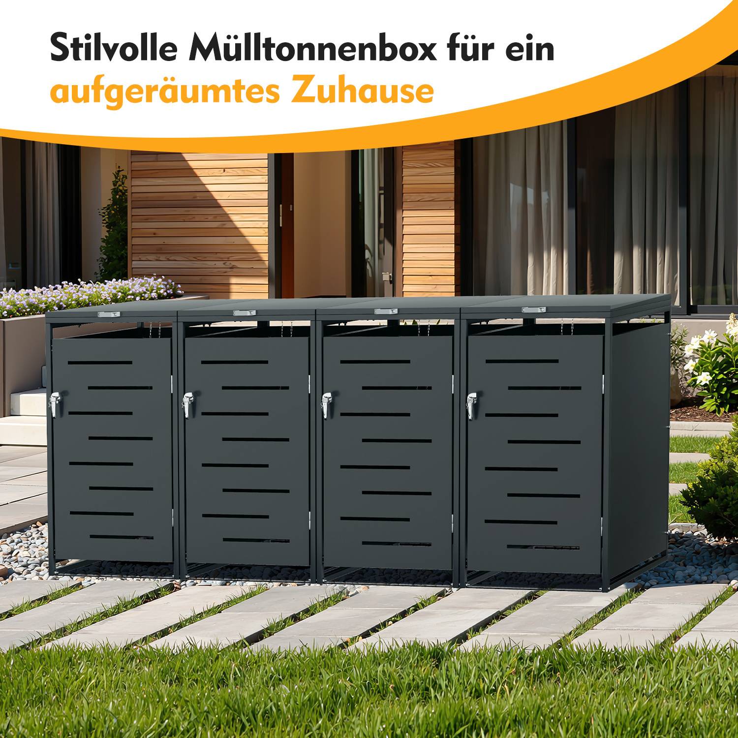 Mülltonnenbox 4er Set für 120L & 240L Mülltonnen, Edelstahl pulverbeschichtet, wetterfest, mit Gasdruckdämpfer