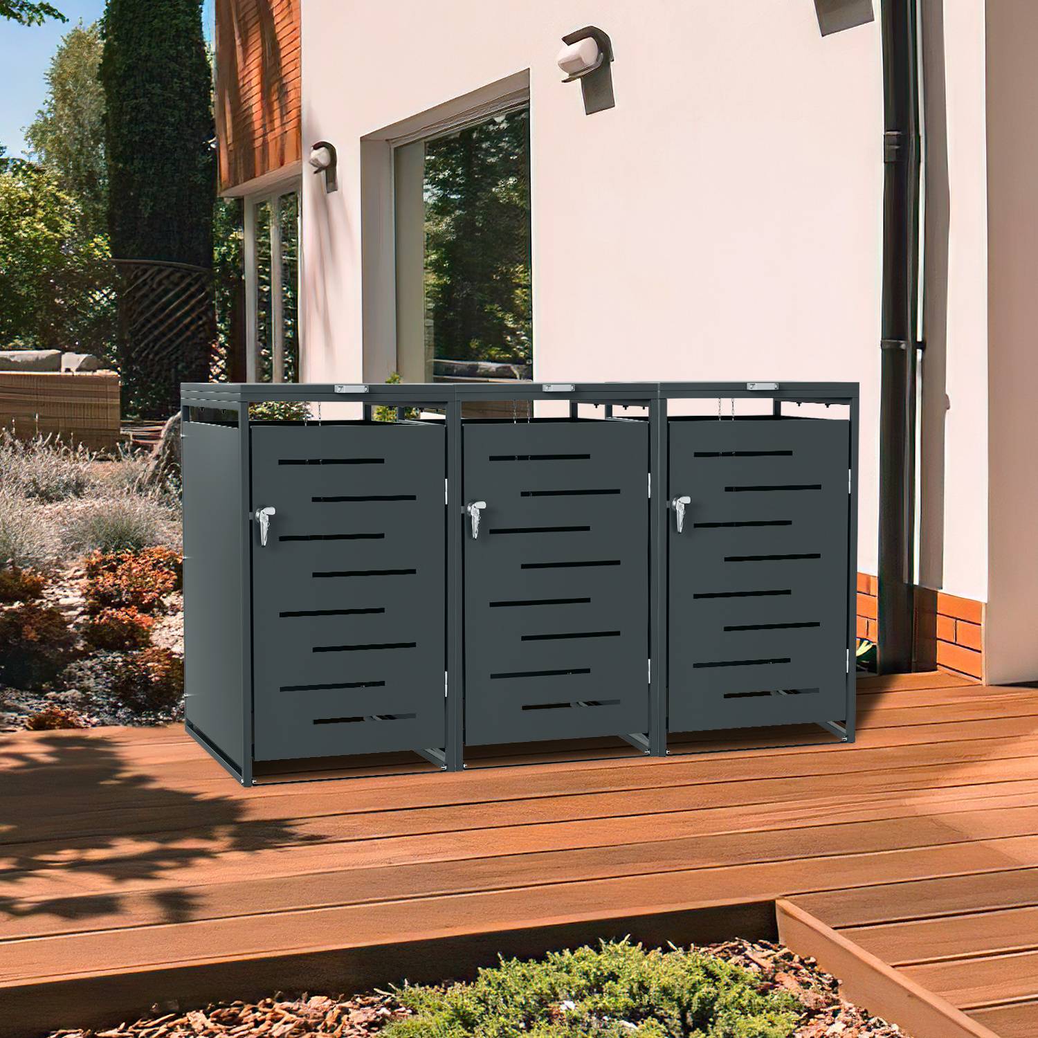 Mülltonnenbox 3er Set für 120L & 240L Mülltonnen, Edelstahl pulverbeschichtet, wetterfest, mit Gasdruckdämpfer