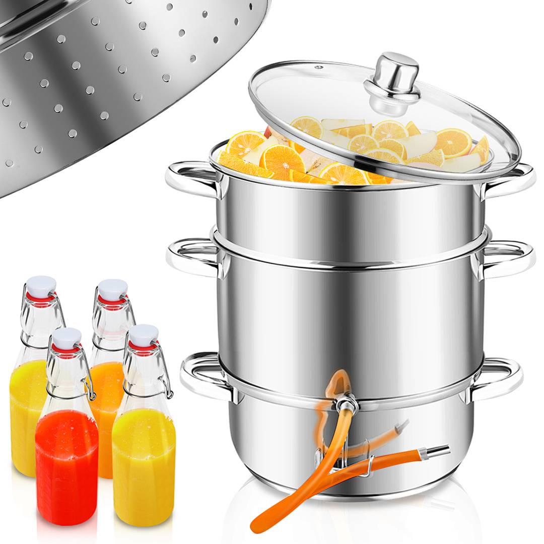 Dampfentsafter 8 L aus Edelstahl inkl. 4 Bügelflaschen – Entsafter für Obst & Gemüse, Ø 26 cm, spülmaschinengeeignet, für alle Herdarten inkl.