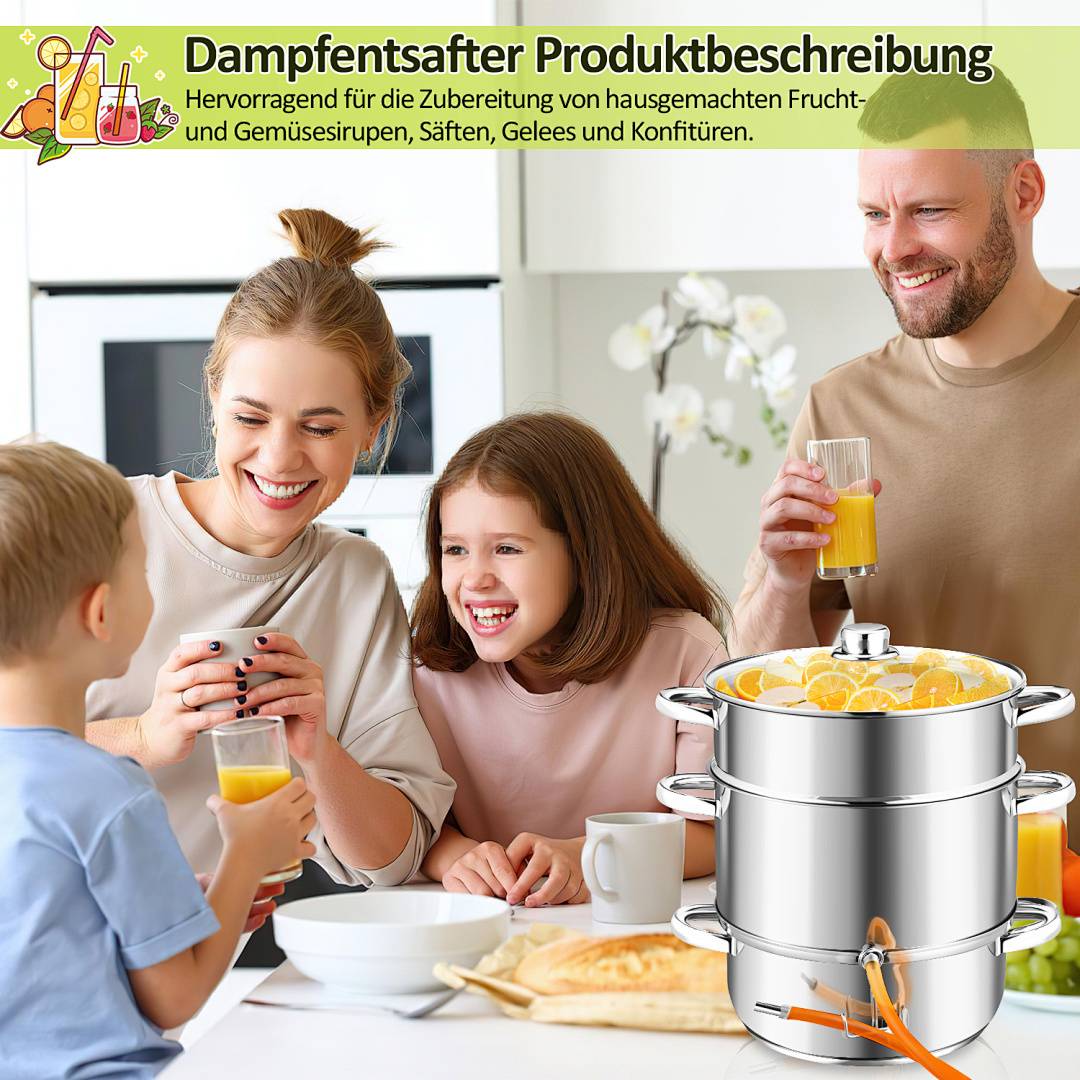 Dampfentsafter 8 L aus Edelstahl inkl. 4 Bügelflaschen – Entsafter für Obst & Gemüse, Ø 26 cm, spülmaschinengeeignet, für alle Herdarten inkl.