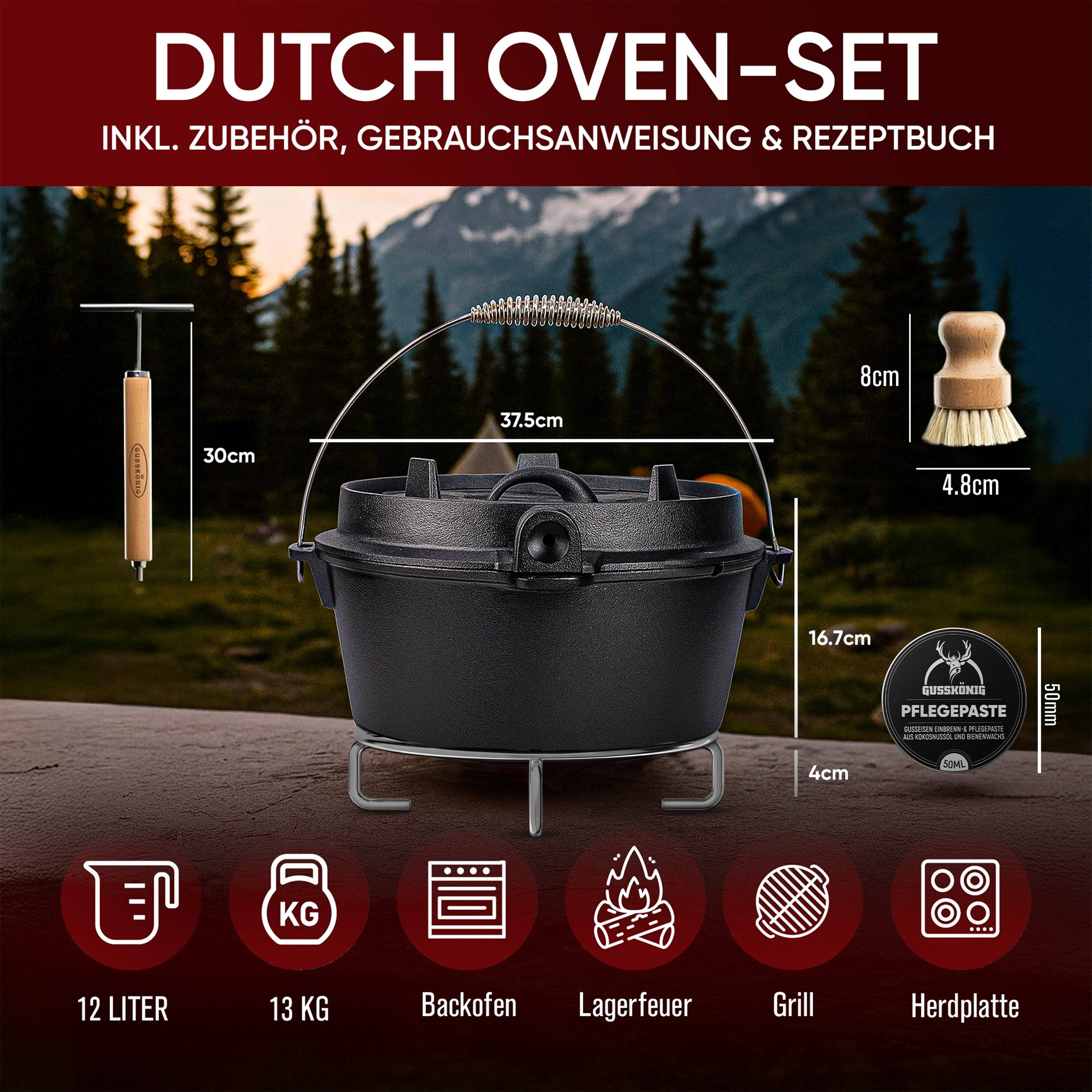 „Dutch Oven Set" mit Zubehör vor einer Bergkulisse. Hauptmerkmale: 12 Liter Fassungsvermögen, 13 kg Gewicht, Backen, Grillen. Zubehör umfasst Deckelgreifer, Bürste, Untersetzer, Pflegepaste.