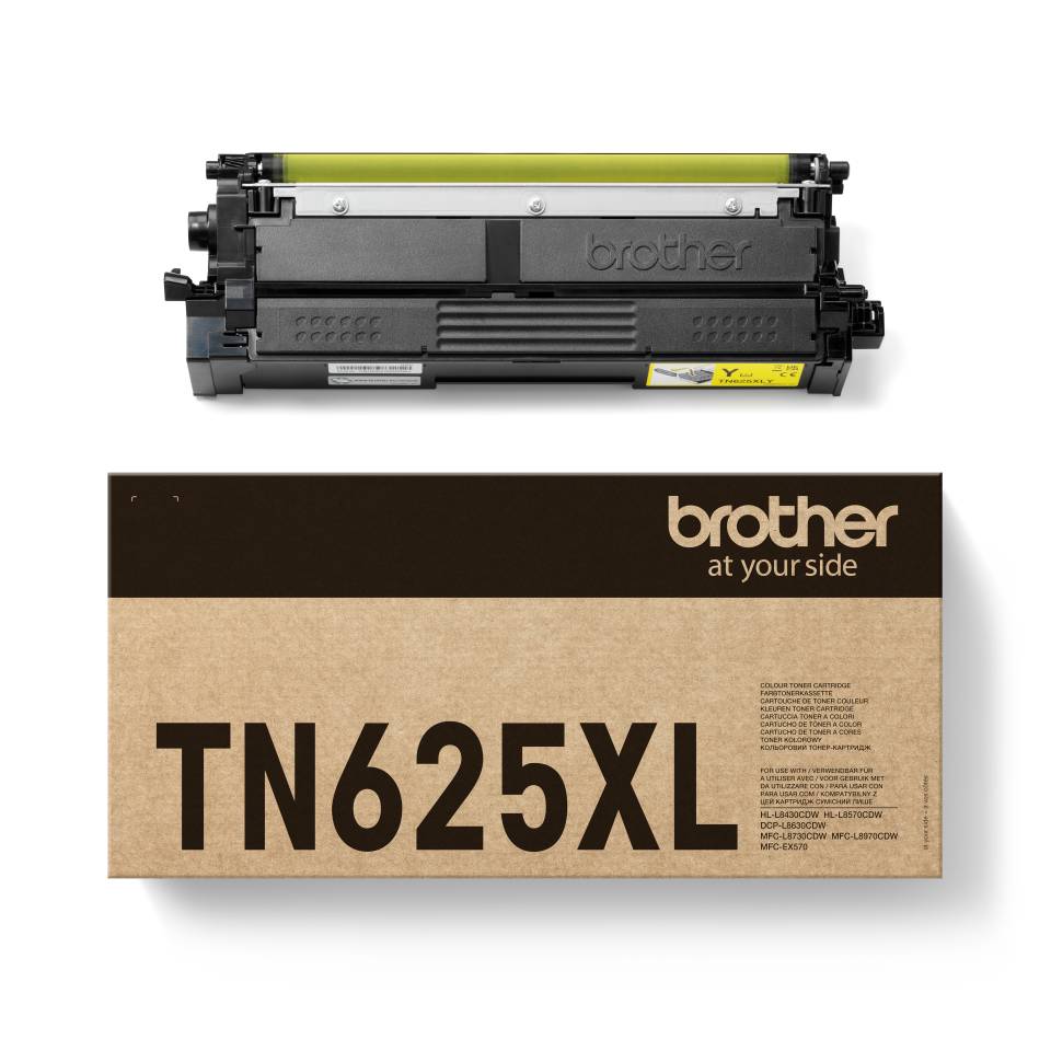 Brother TN625XL Tonerpatrone, oben auf ihrer original verpackten Schachteln angezeigt.