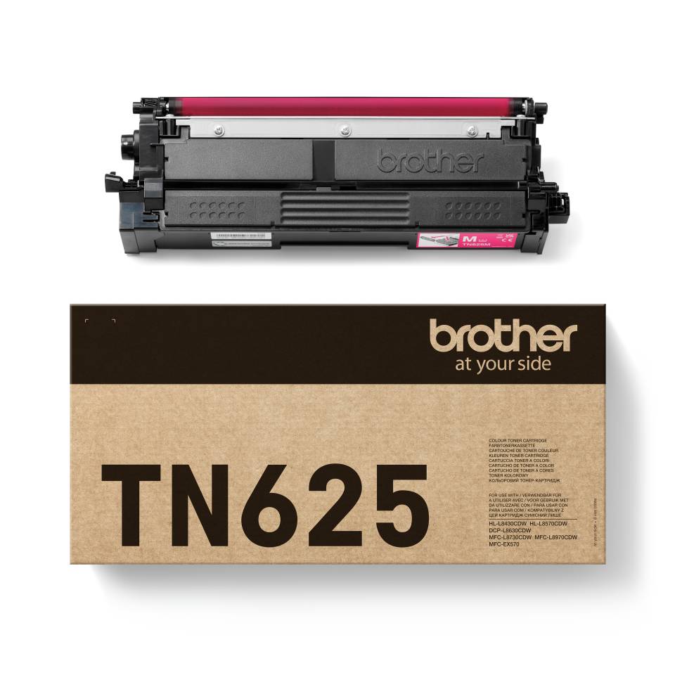 Brother TN625 Tonerpatrone, abgebildet über ihrer Produktbox mit der Beschriftung „TN625