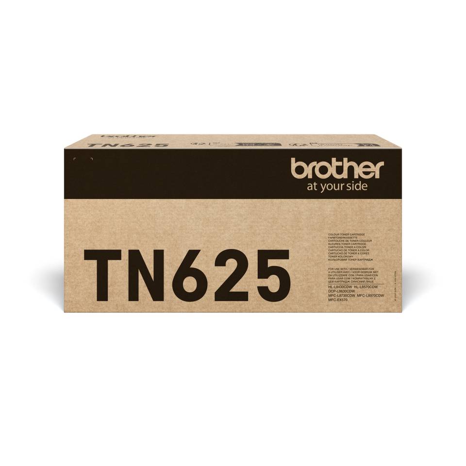 Brother TN625 Tonerpatrone in einer Box auf weißem Hintergrund, mit der Bezeichnung „TN625