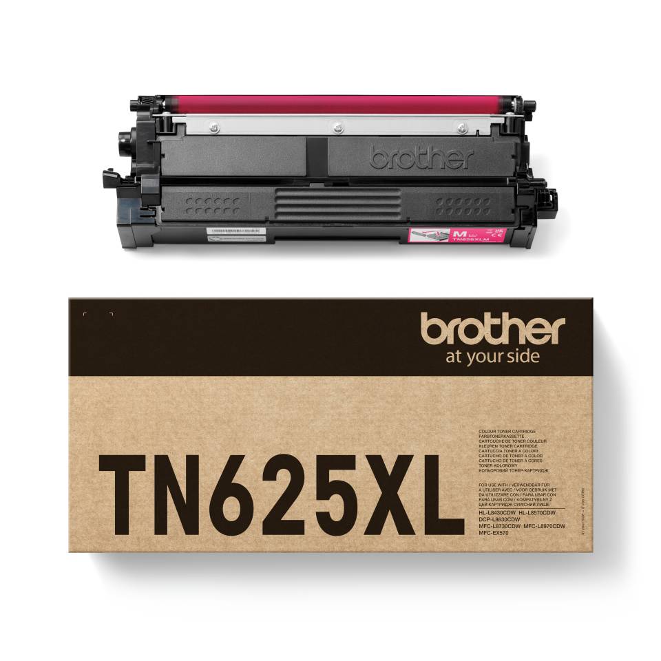 Brother TN625XL schwarze Tonerpatrone, die oben auf ihrer Verpackungsbox mit den Aufschriften „TN625XL