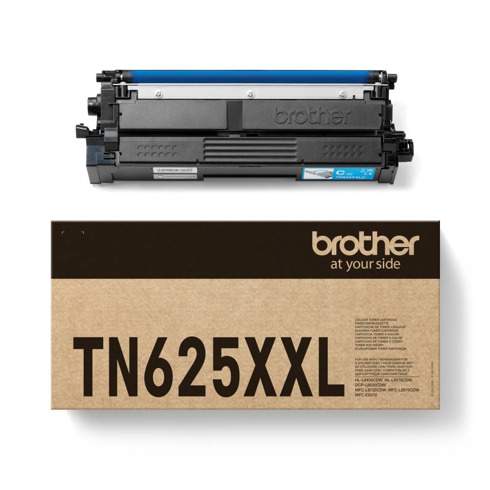 Brother TN625XXL Druckertonerkassette, abgebildet über ihrer Produktschachtel mit „Brother an Ihrer Seite