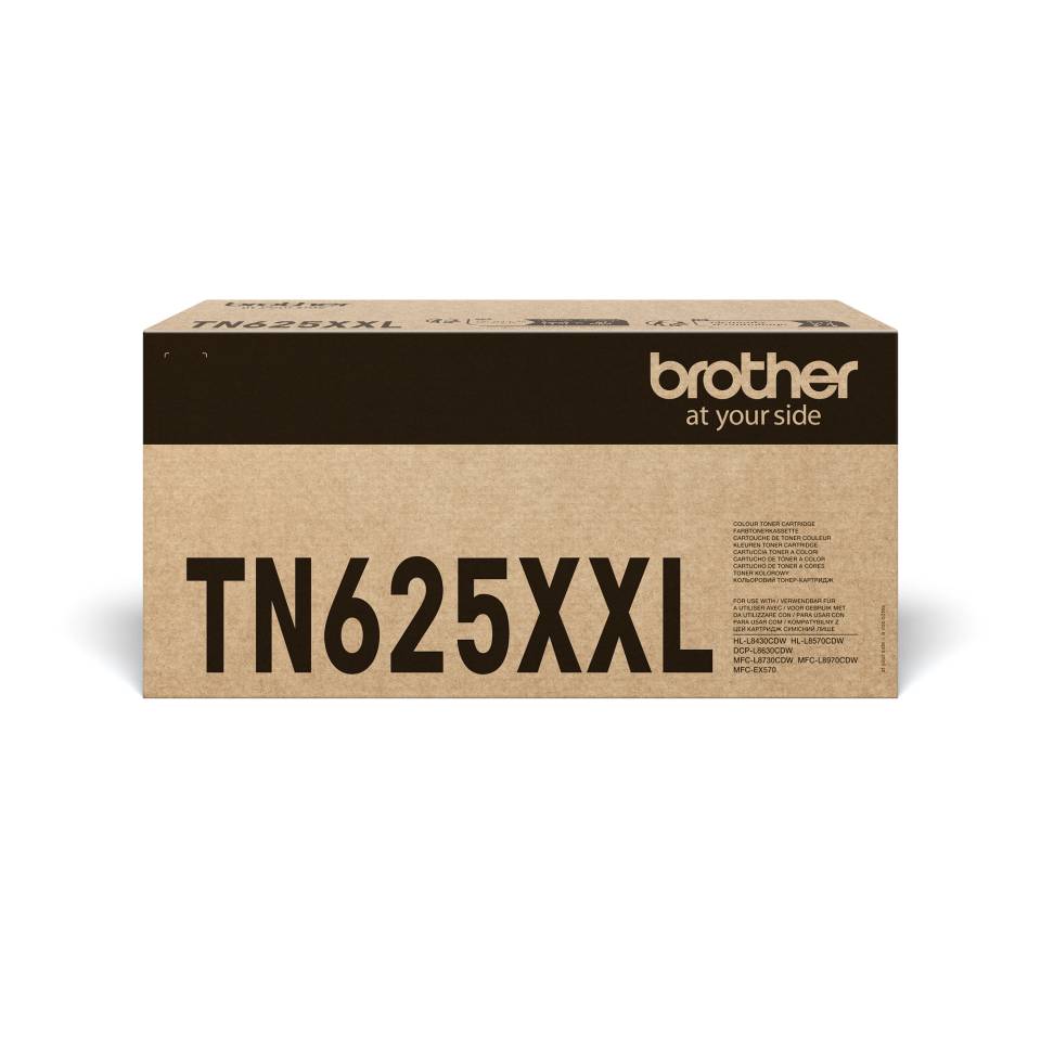 Brother TN625XXL Tonerpatrone auf weißem Hintergrund, mit den Aufschriften 