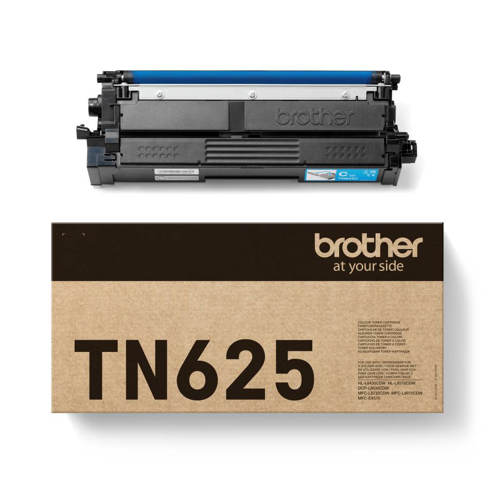 Brother TN625 Tonerpatrone oben auf ihrer braunen Brother-Verpackungsbox mit der Beschriftung „TN625