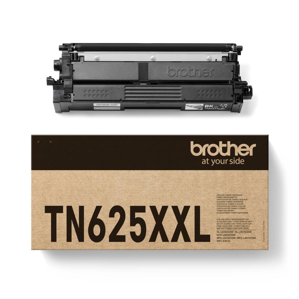 Brother TN625XXL schwarze Tonerpatrone oben auf ihrer Produktverpackung gezeigt
