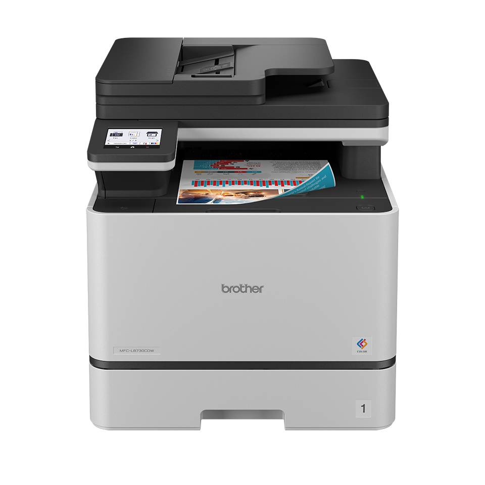 Brother Multifunktions-Farblaserdrucker druckt ein Farbdokument auf schwarzem Hintergrund.
