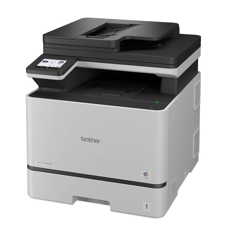 Brother Multifunktions-Laserdrucker mit Touchscreen-Bedienfeld, Scannerbett oben und weißlich-grauem Gehäuse auf schwarzem Hintergrund.