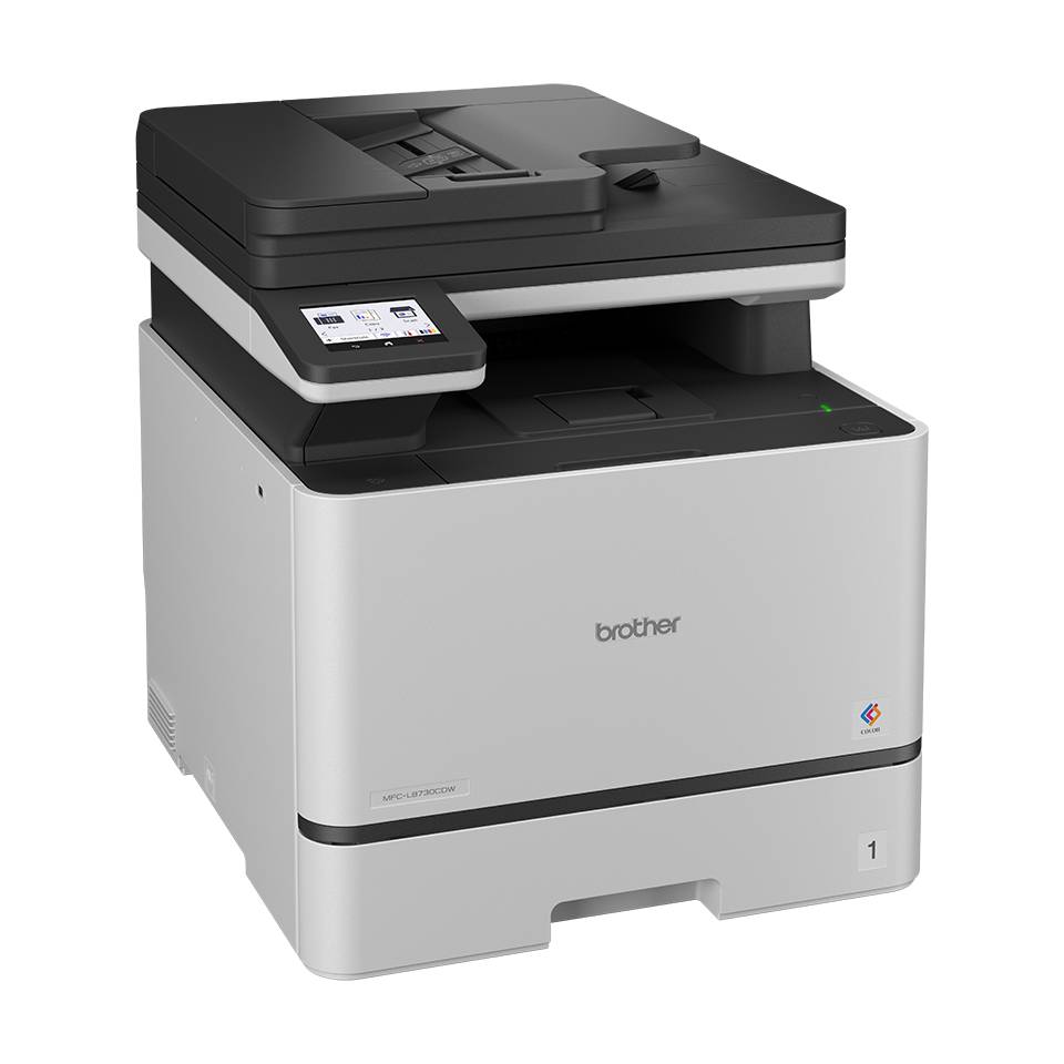Brother Multifunktions-Laserdrucker mit Touchscreen-Bedienfeld, dargestellt in einer Studio-Produktansicht auf schwarzem Hintergrund.
