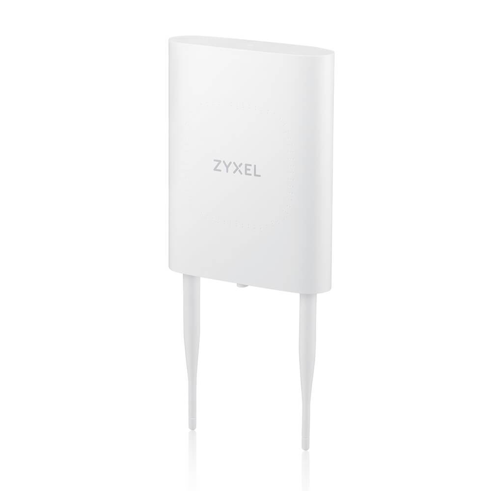 Weißer Zyxel WLAN-Zugangspunkt mit zwei externen Antennen auf einfachem Hintergrund.