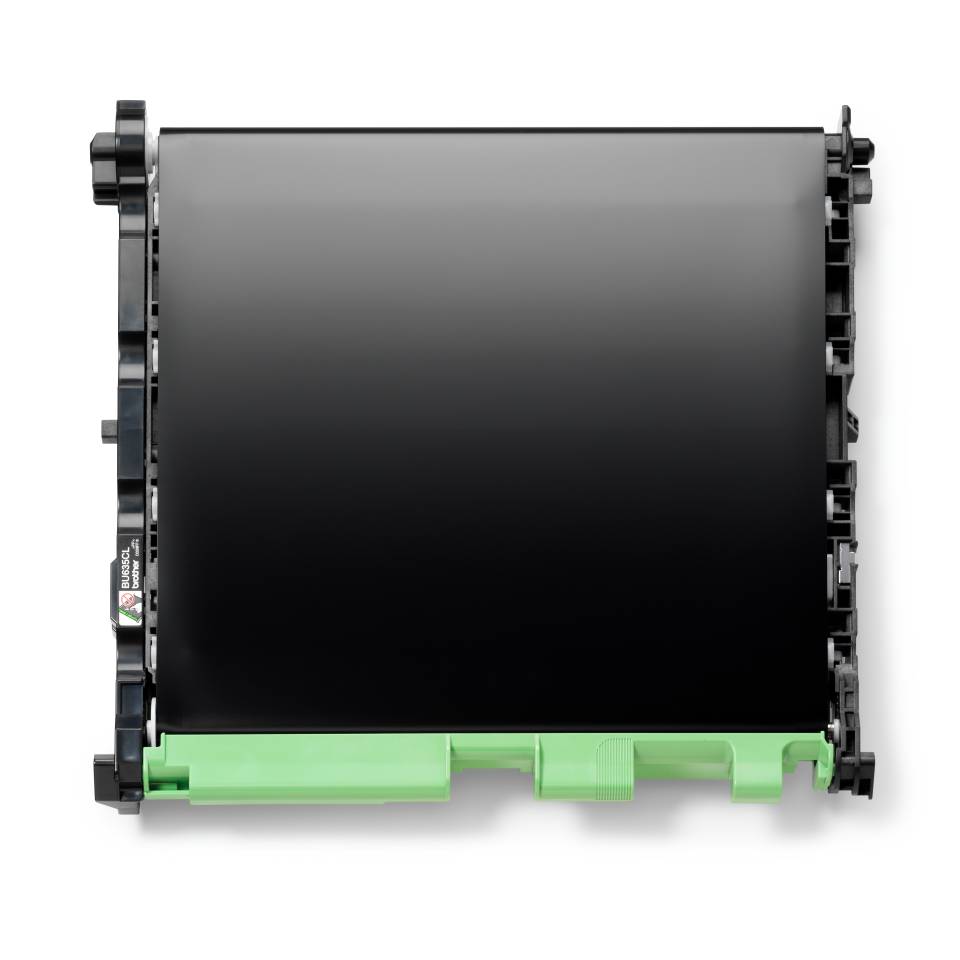Schwarze Druckertonerkassette mit grüner Basis, in Frontansicht auf weißem Hintergrund dargestellt.