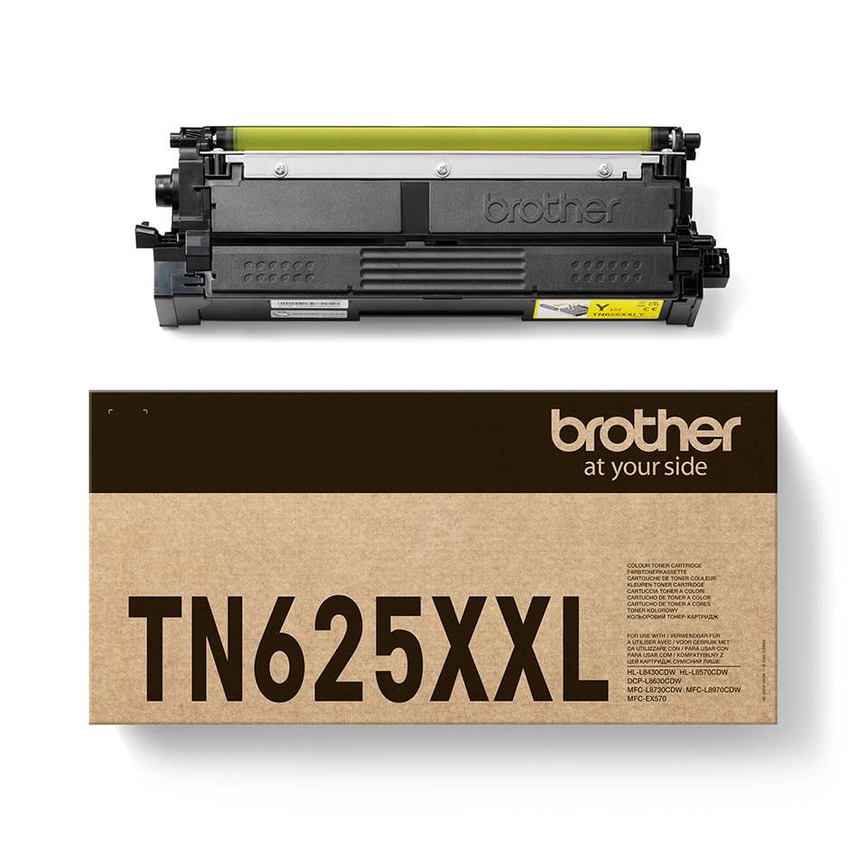 Brother TN625XXL schwarze Tonerpatrone, oben auf ihrer Produktbox abgebildet, beschriftet mit „Brother an Ihrer Seite