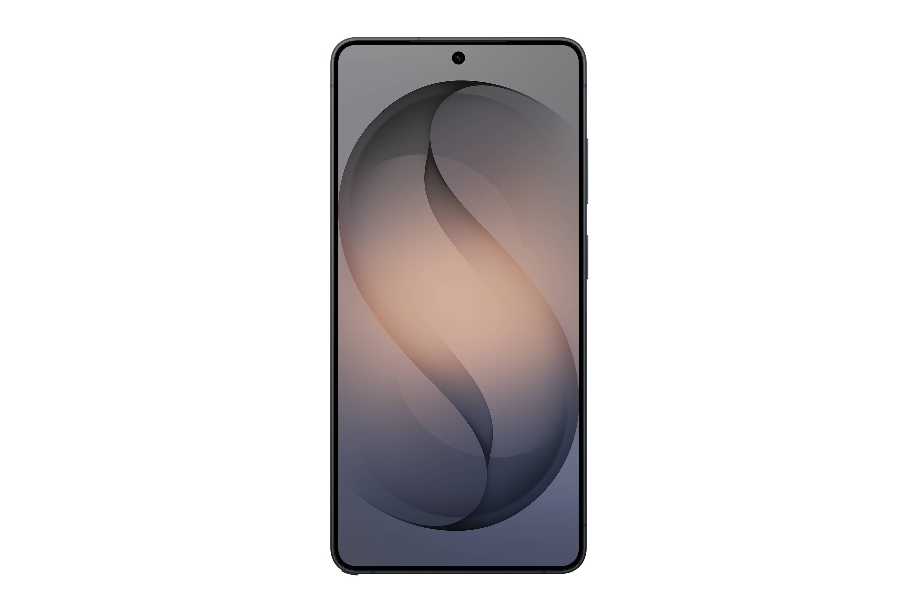 Vorderansicht eines Smartphones mit zentrierter Lochkamera und abstrainer grau-violetter Tapete auf schwarzem Hintergrund.