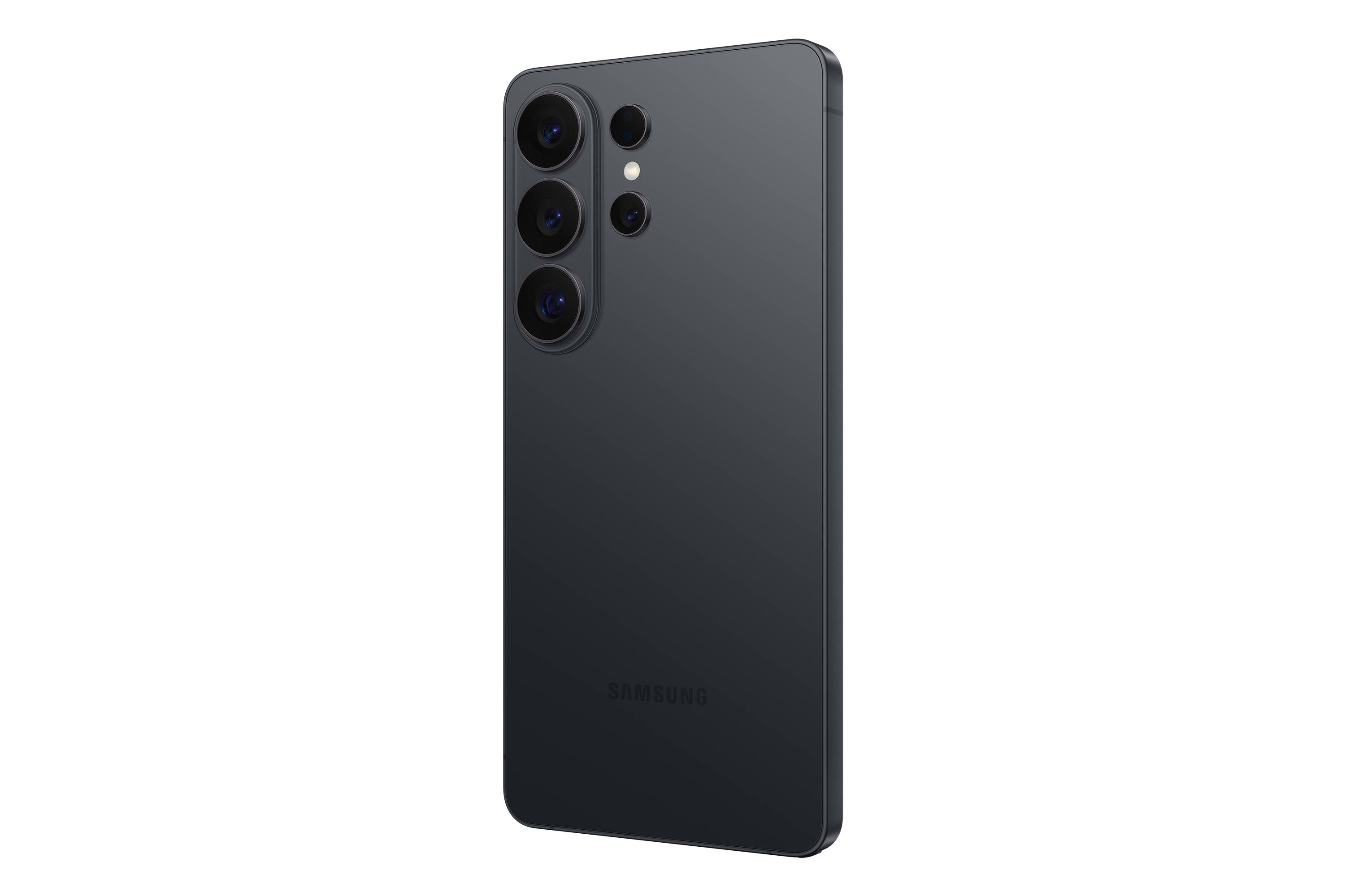 Dunkelgraues Samsung-Smartphone von hinten gezeigt, mit drei vertikal ausgerichteten Rückfahrkameras und zwei kleineren Sensoren daneben.