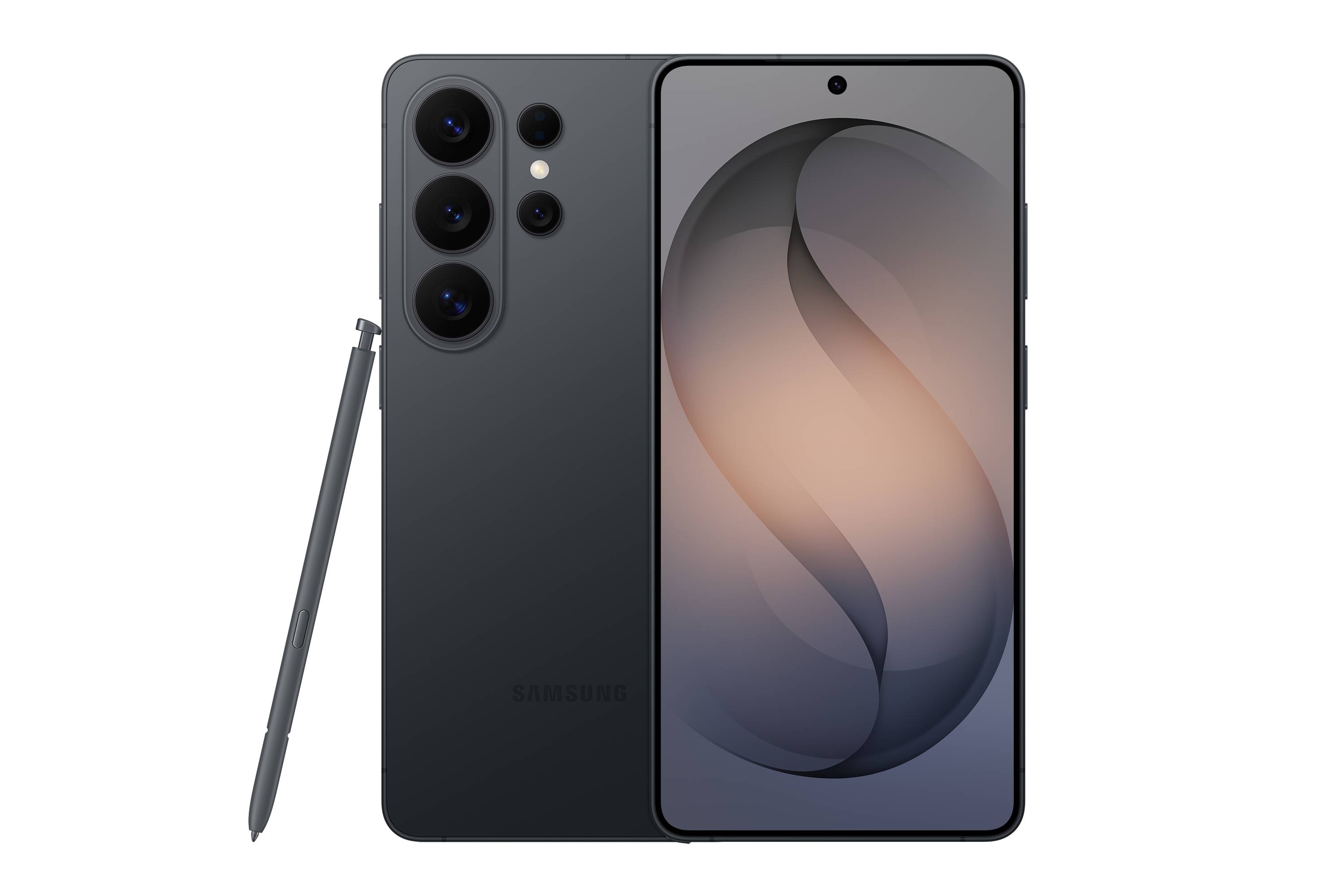 Dunkelgraues Samsung-Smartphone von vorne und hinten mit einem Stift daneben, wobei das Triple-Kamera-Heckdesign und das zentrierte Punch-Hole-Display hervorgehoben werden.