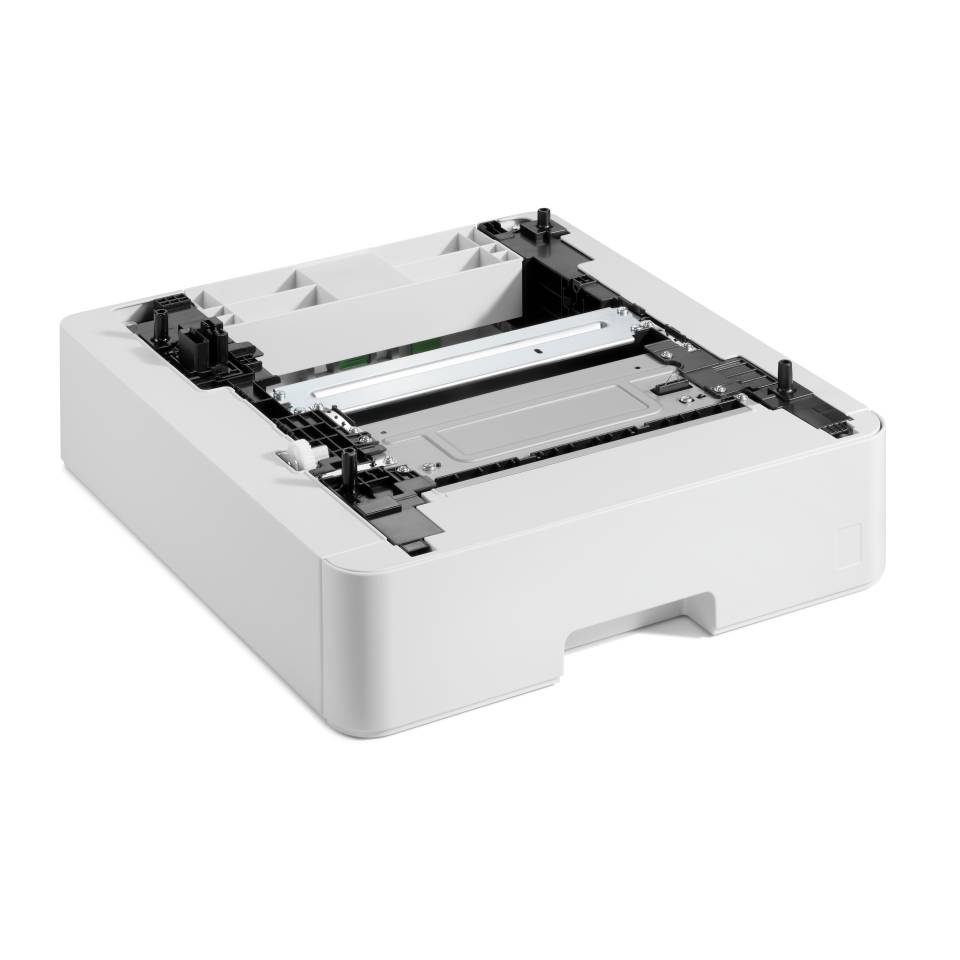 Papierkassette oder Papiertablett eines weißen Druckers mit freigelegten Rollen und Führungsschienen, auf weißem Hintergrund dargestellt.