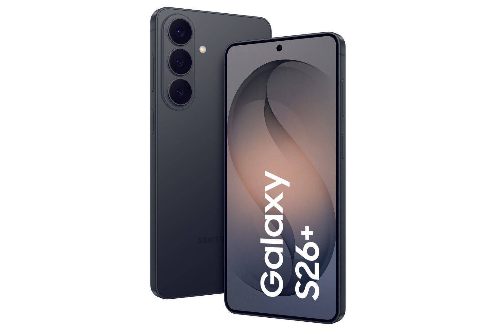 Schwarzes Samsung Galaxy S26+ Smartphone von vorne und hinten gezeigt, mit Hervorhebung der dreifachen Rückkamera und großem Display mit dem Text „Galaxy S26+
