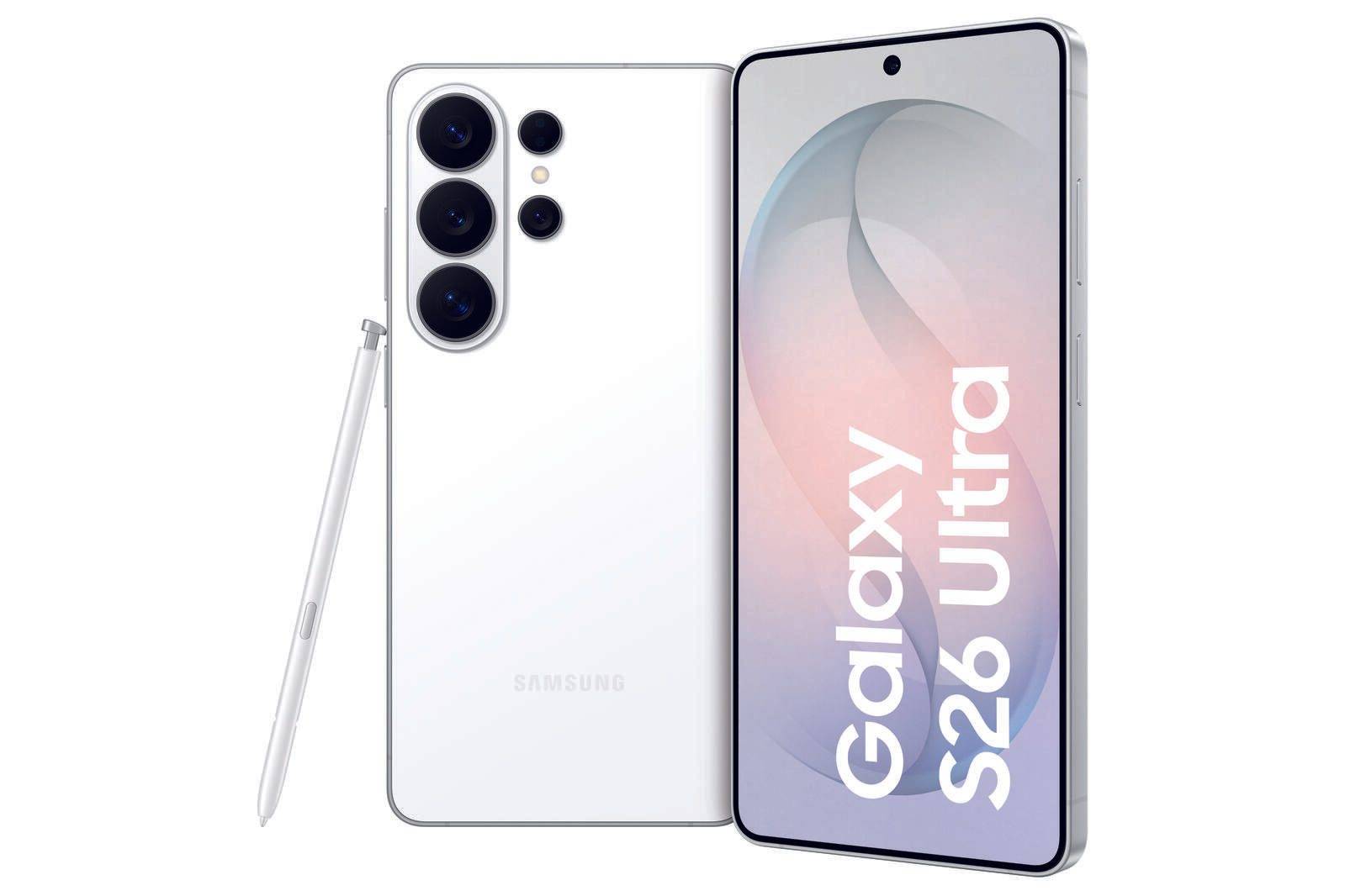 Samsung Galaxy S26 Ultra Smartphone in Weiß, Vorder- und Rückseite gezeigt, mit S Pen daneben.