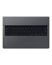 Graue Laptop-Tasche mit integrierter schwarzer Tastatur und großer Vorderklappe, geschlossen auf weißem Hintergrund gezeigt