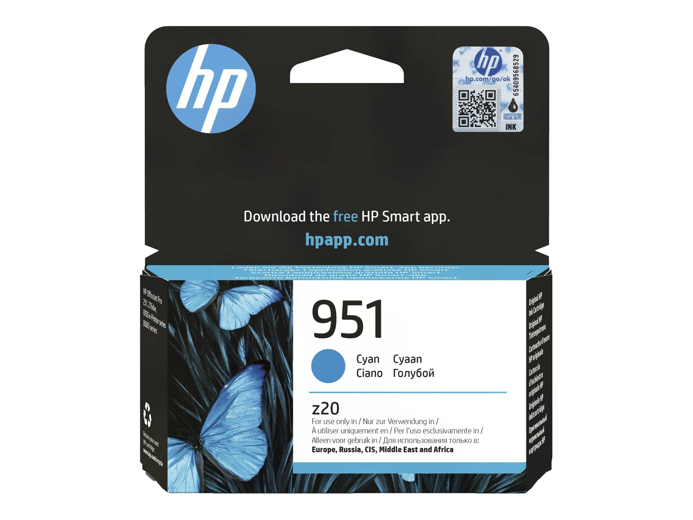 HP 951 Cyan-Tintenpatrone mit blauen Schmetterlingen auf der Verpackung und dem Text „Laden Sie die kostenlose HP Smart-App herunter. hpsapp.com