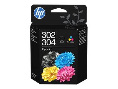 HP Tintenpatronen-Verpackung mit den Bezeichnungen 302 und 304, 2er-Pack, mit Symbolen für schwarze und dreifarbige Tinte sowie Blumenmotiven auf der Verpackung.