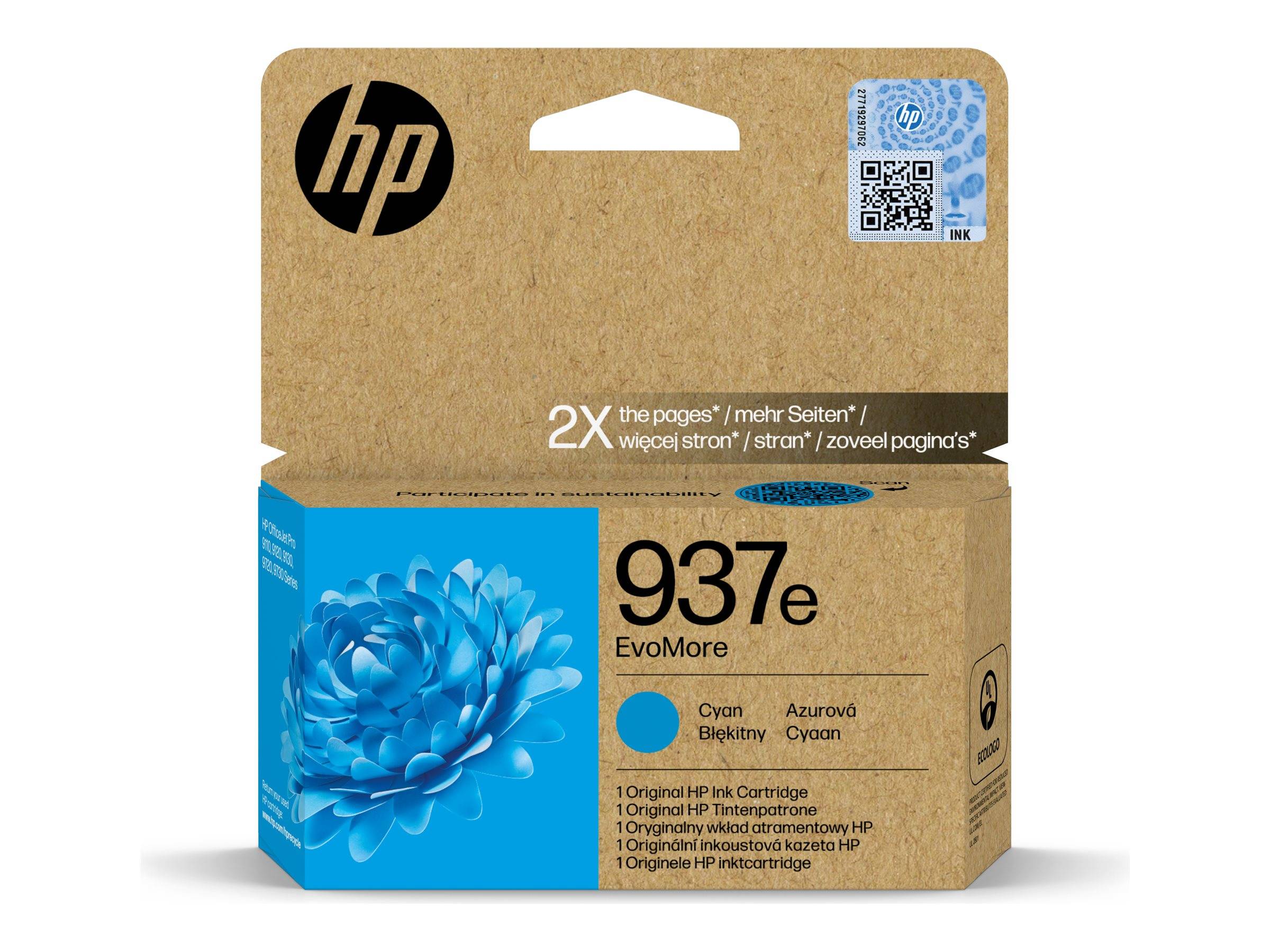 HP 937e EvoMore cyan Tintenpatrone Verpackungsbox mit HP-Logo und blauem Blumenmotiv.