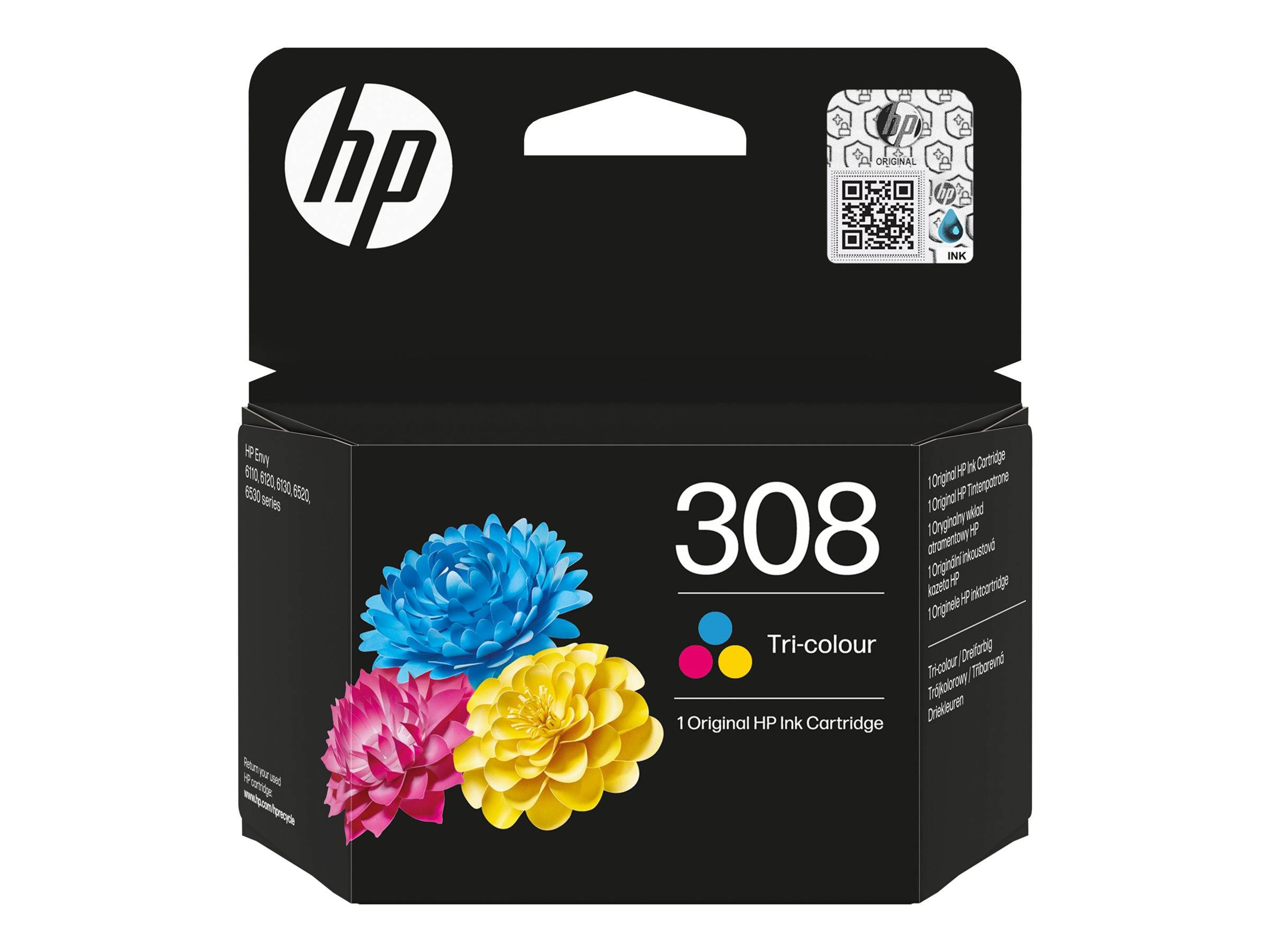 HP 308 Dreifarben-Original-Tintenpatrone mit Cyan-, Magenta- und Gelb-Blumengrafik