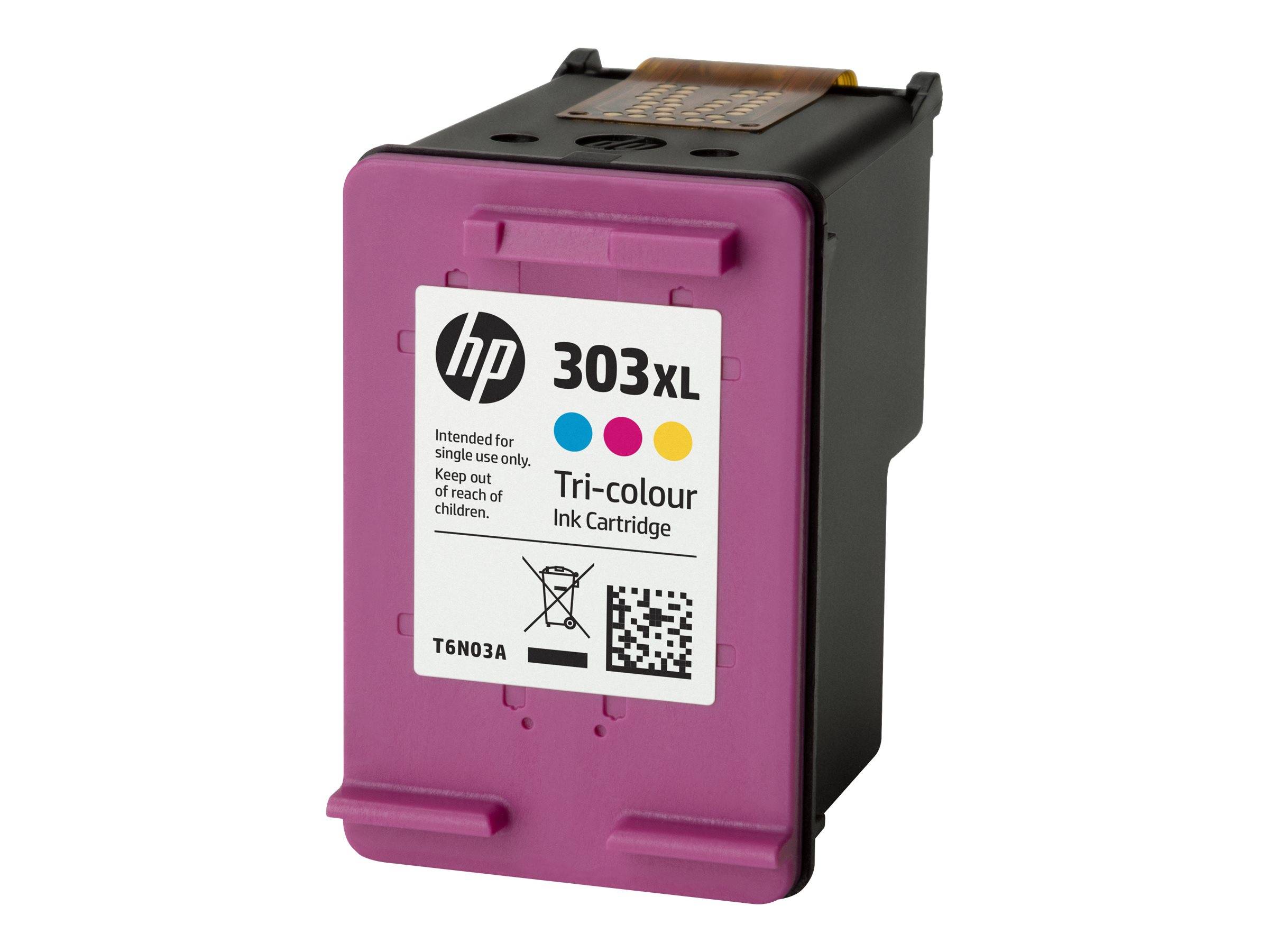 HP 303XL Dreifarben-Tintenpatrone, Magenta-Vorderseite mit schwarzer Oberseite und Etikett, auf weißem Hintergrund dargestellt.