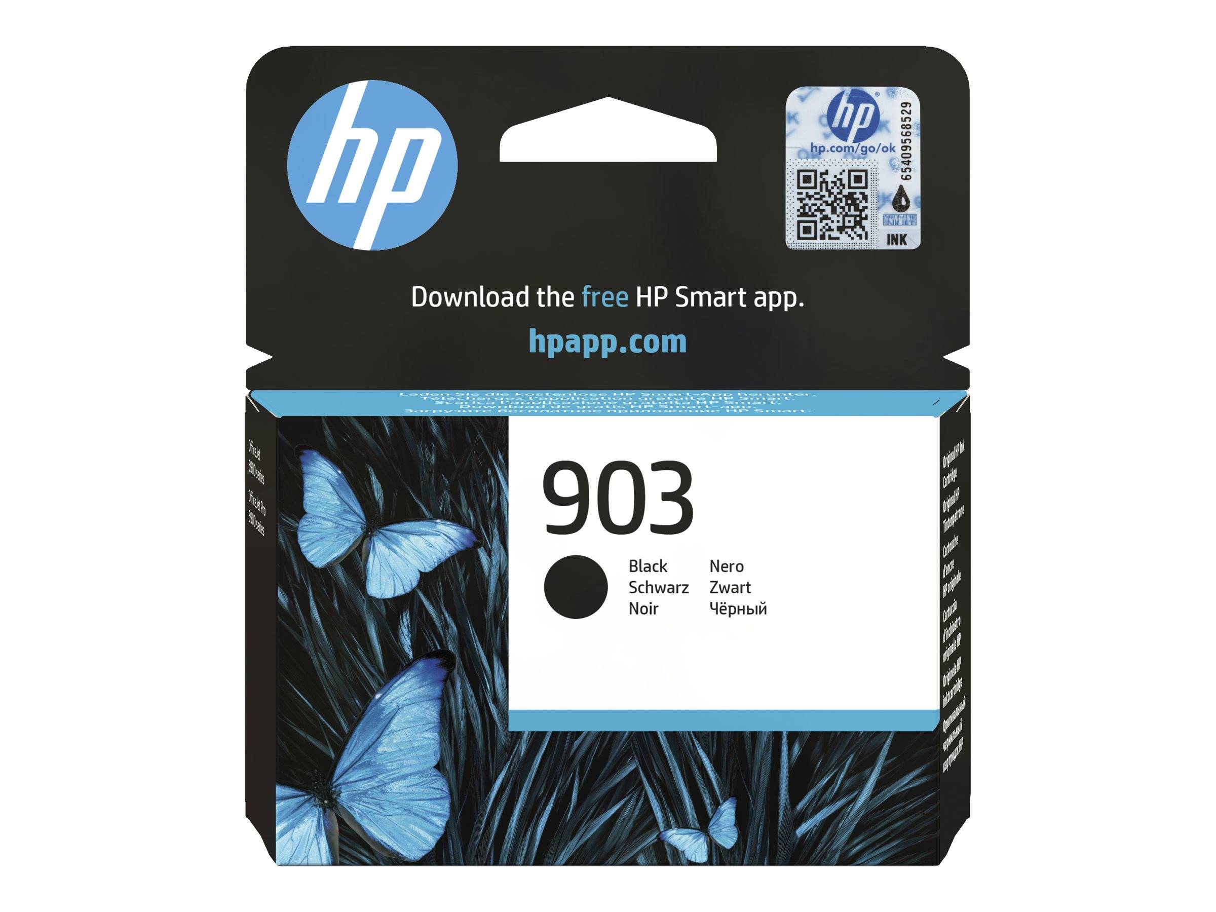 HP 903 schwarze Tintenpatrone mit blauer Schmetterlingsillustration und Text „Laden Sie die kostenlose HP Smart App herunter. hpapp.com