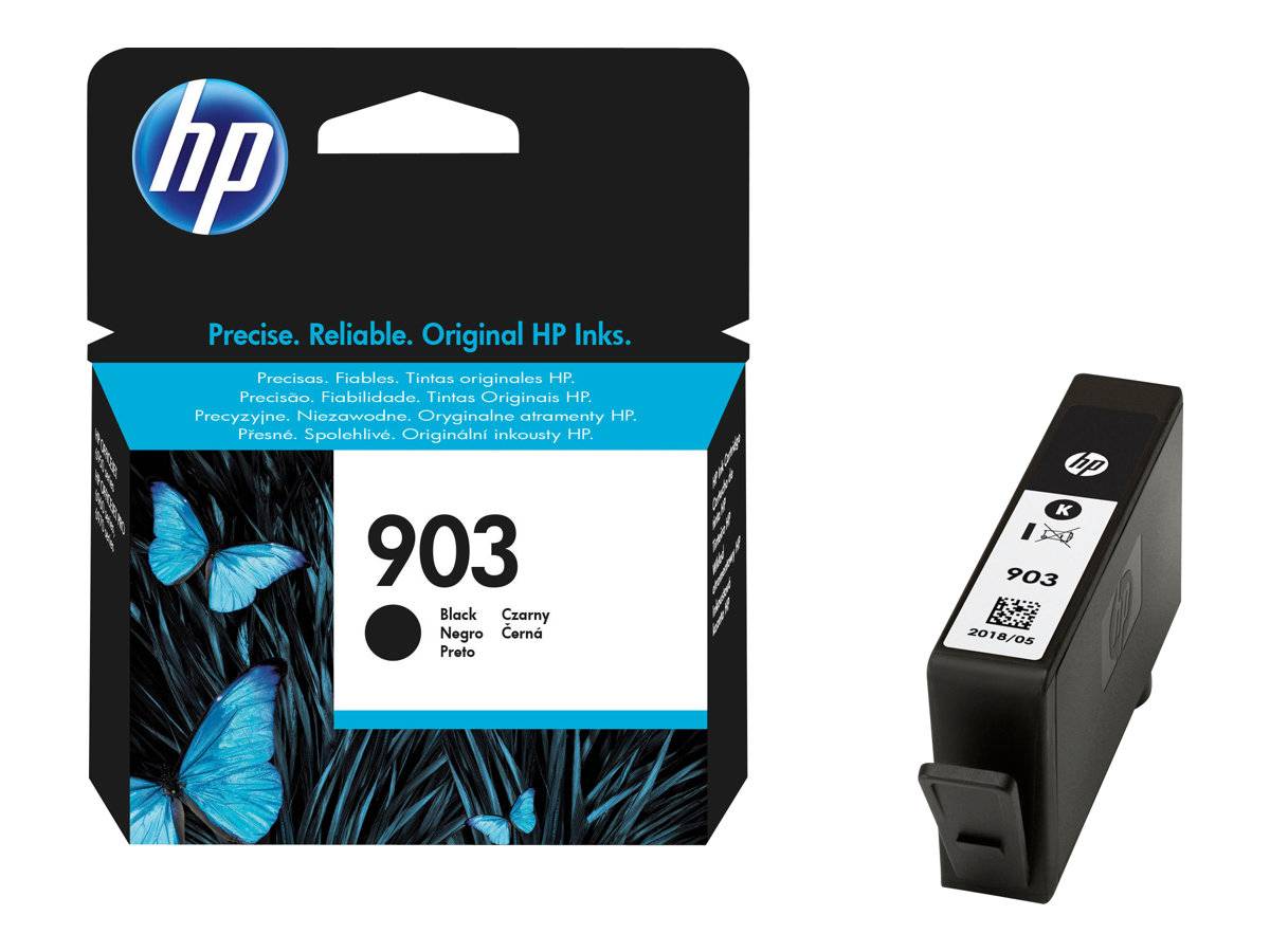 HP 903 schwarze Tintenpatrone in einer Schachtel mit Schmetterlingsdesign, dargestellt neben der Patrone selbst.