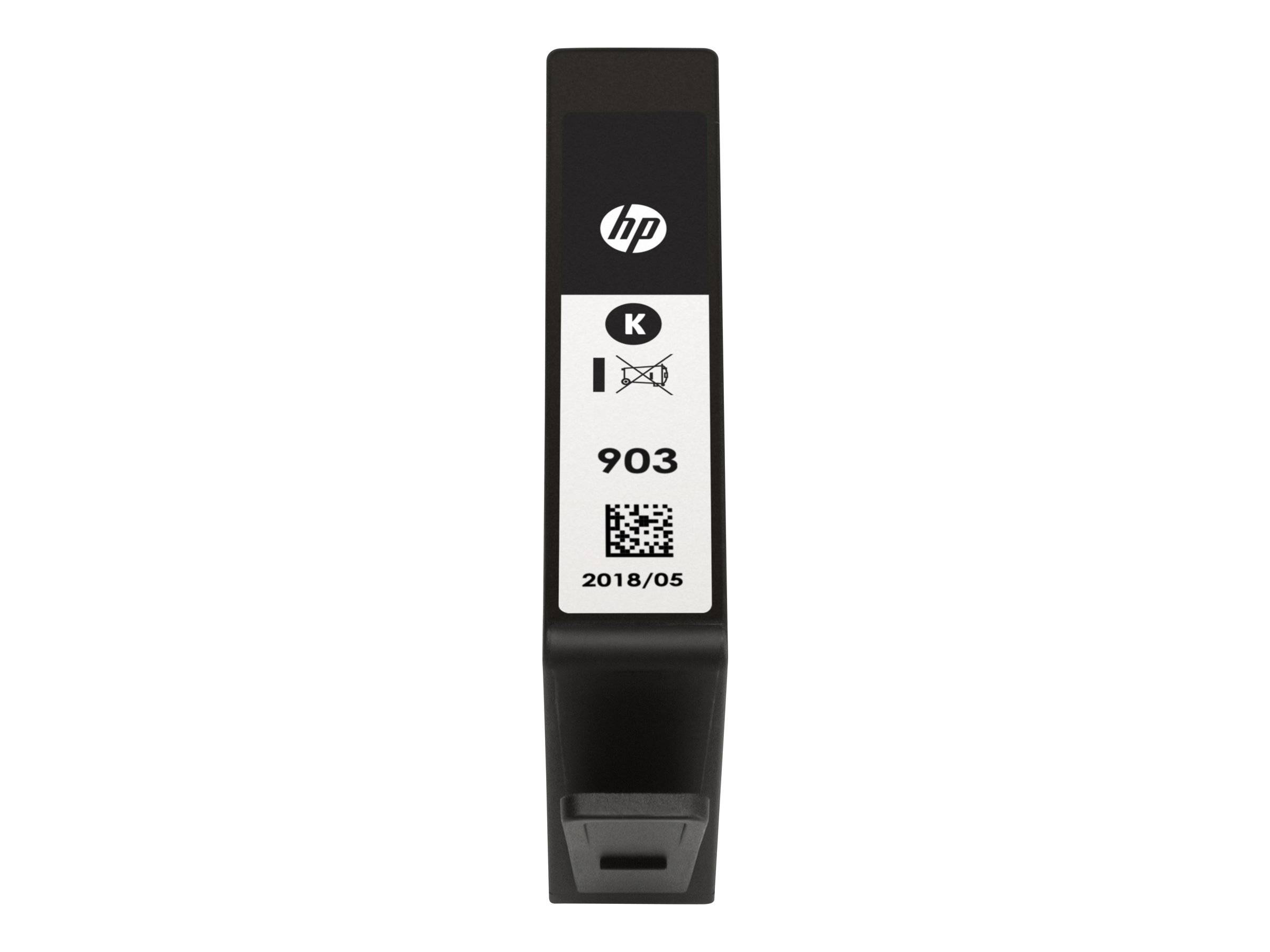 HP 903 schwarze Tintenpatrone aufrecht mit Etikett und QR-Code auf weißem Hintergrund dargestellt.