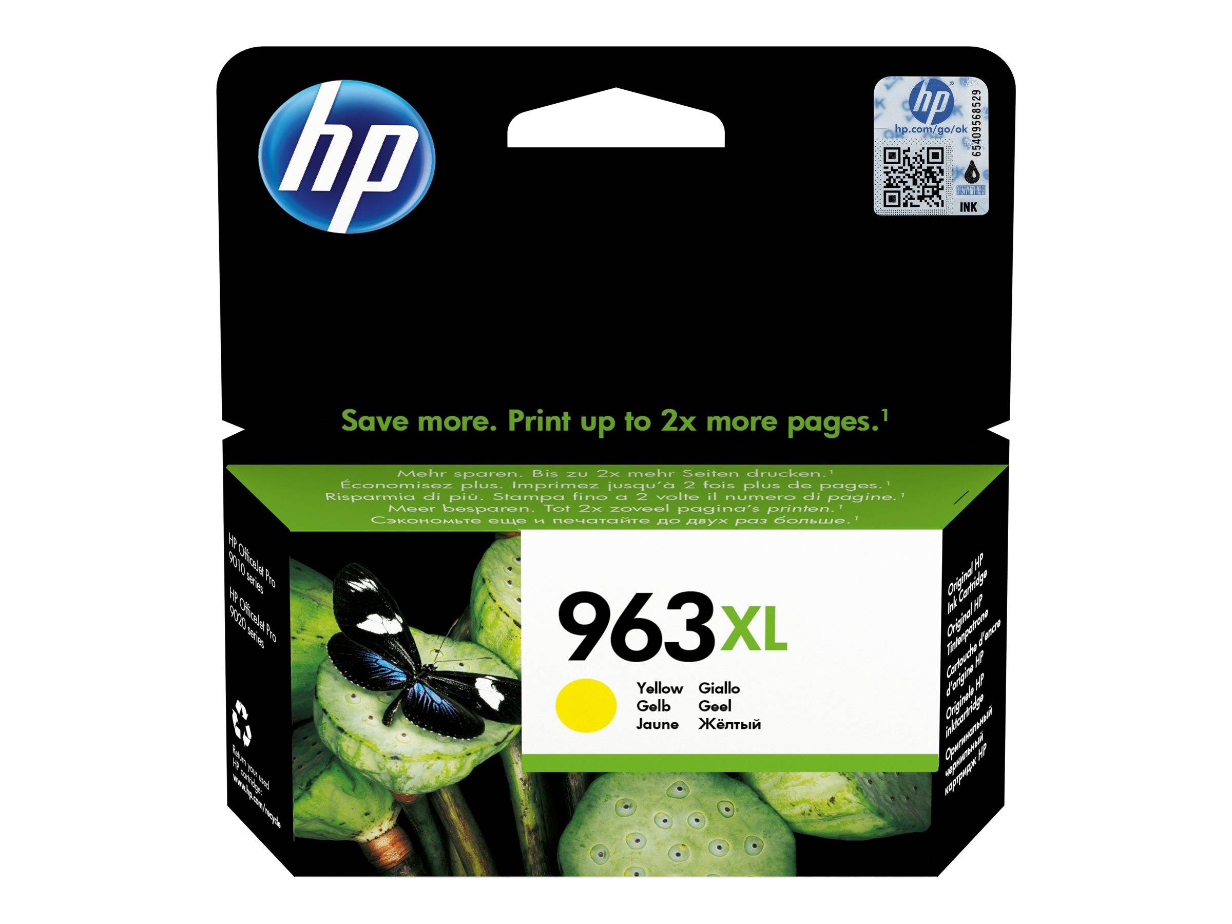 HP 963XL Gelbe Tintenpatrone mit Schmetterings- und Lotusblüten-Abbildung auf der Verpackung, beschriftet mit „Sparen Sie mehr. Drucken Sie bis zu 2x mehr Seiten.