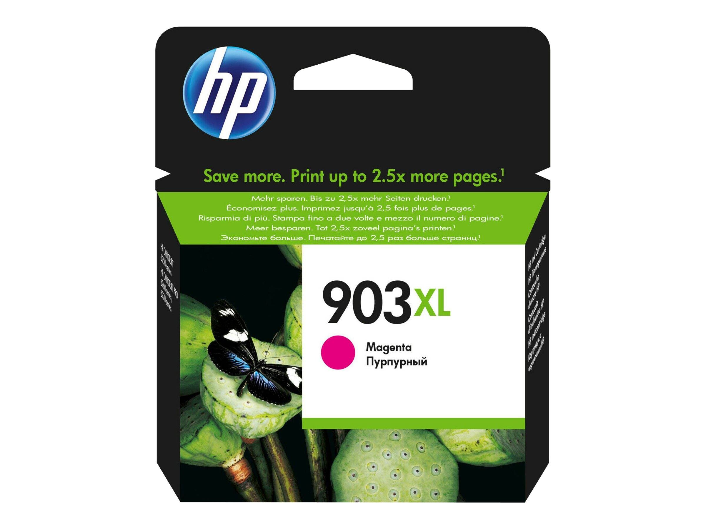 HP 903XL Magenta-Tintenpatrone Verpackung mit dem Text „Sparen Sie mehr. Drucken Sie bis zu 2,5x mehr Seiten.
