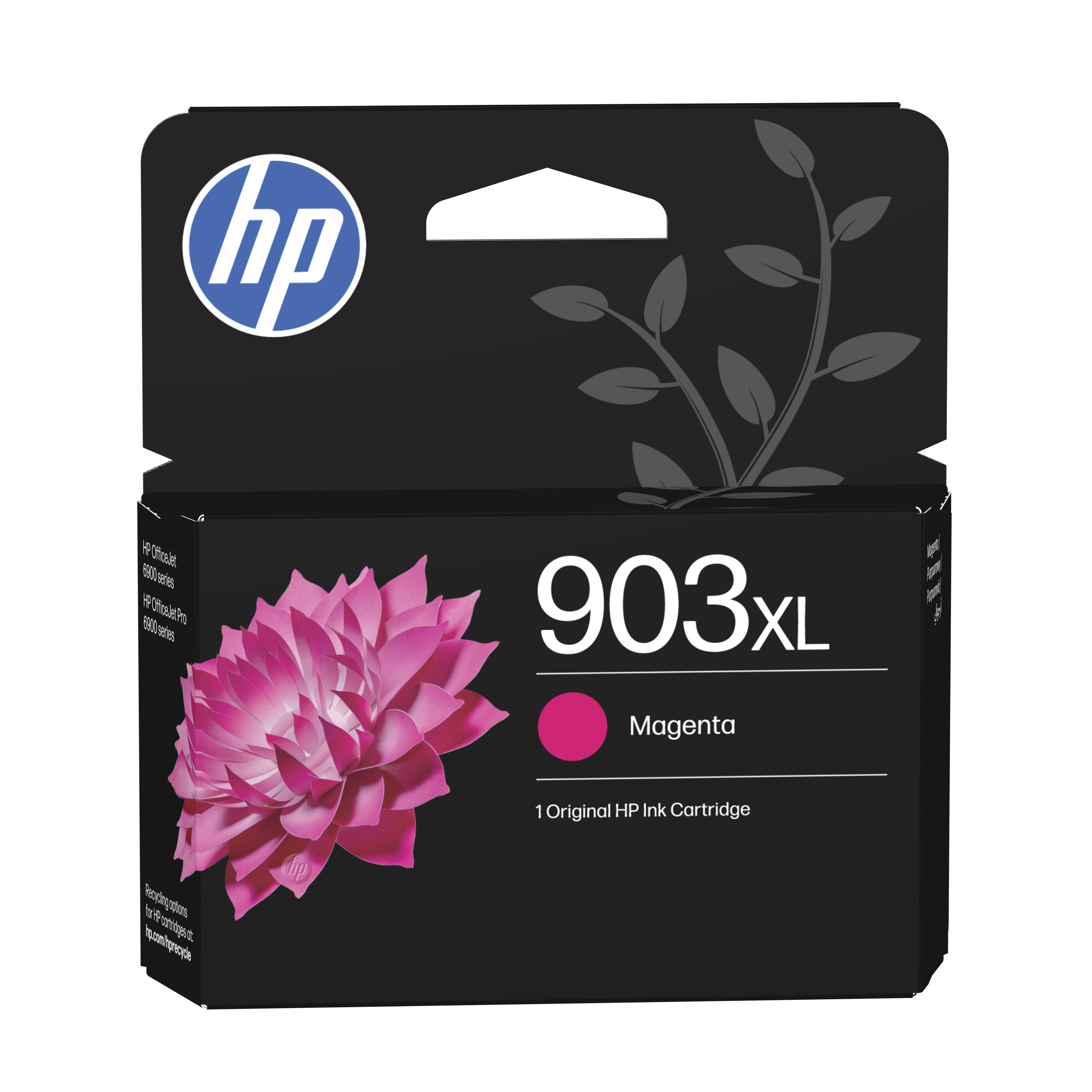 HP 903XL Magenta Original Tintenpatrone in der Schachtel mit rosa Blumengrafik.