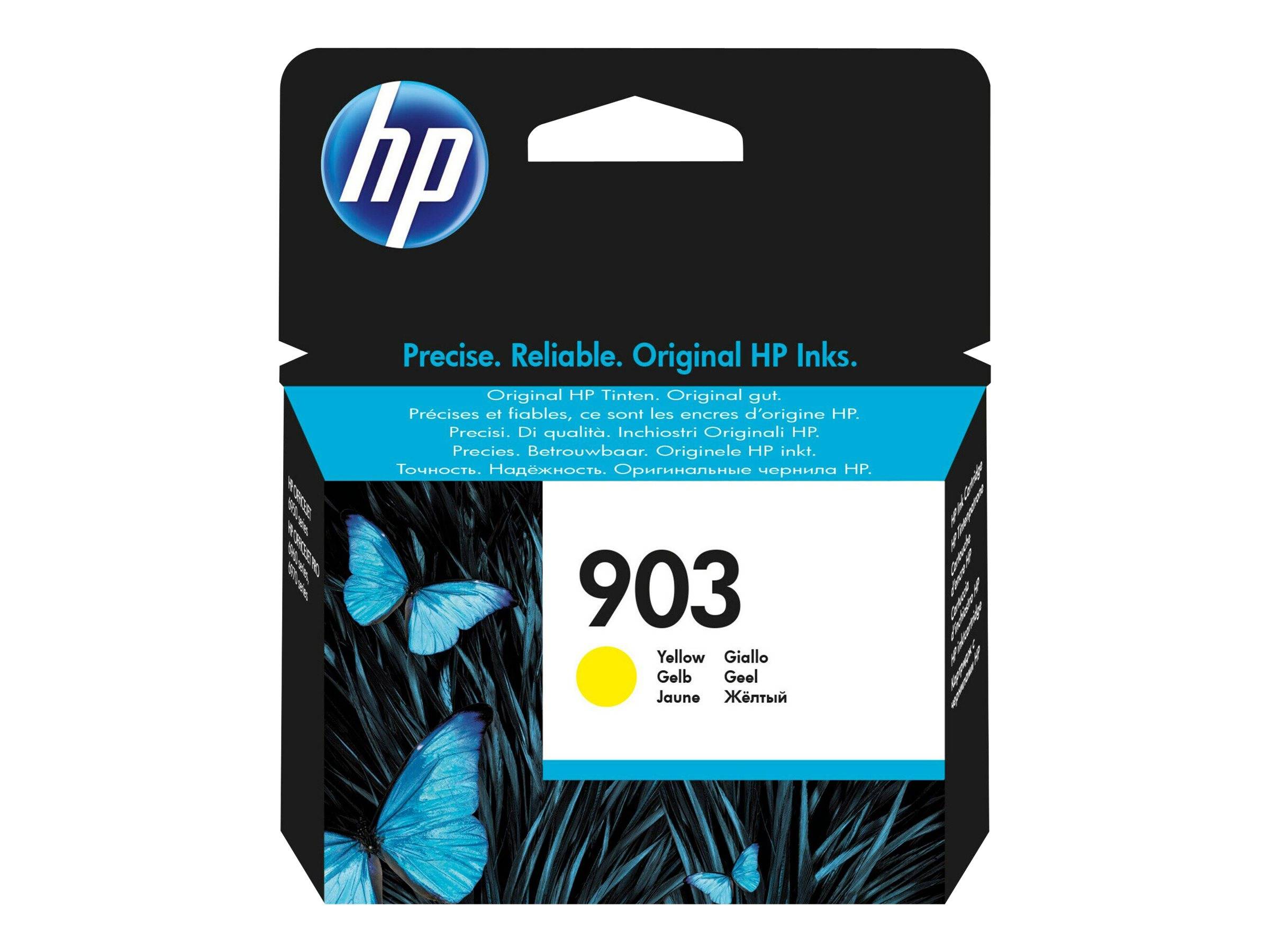 HP 903 Gelbdruckpatrone mit blauem Schmetterlingsdesign und dem Text „Präzise. Zuverlässig. Original HP Tinten.