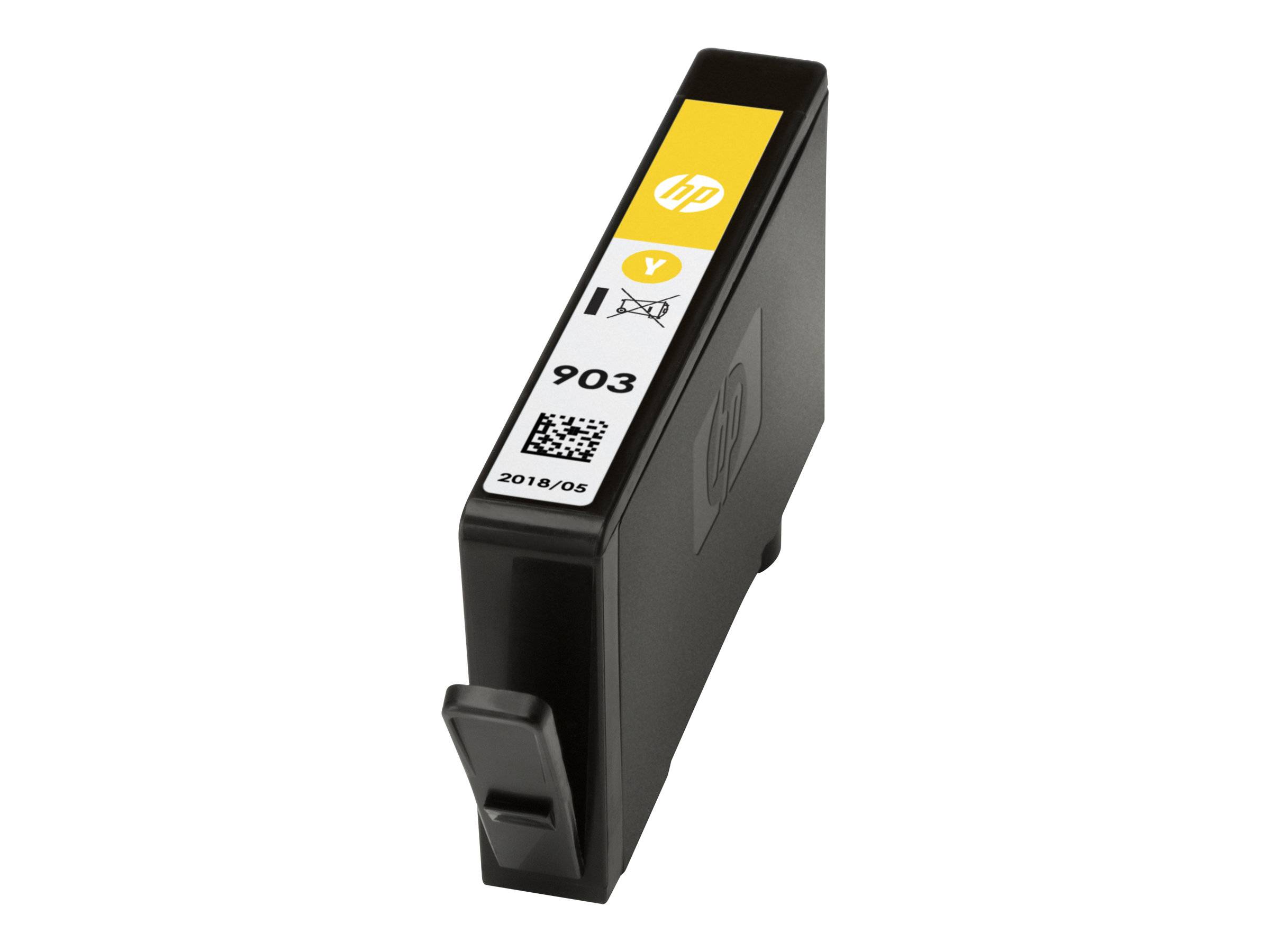 Gelbe Tintenpatrone HP 903 in schwarzer Ausführung in Perspektivdarstellung, mit sichtbarem Etikett und Produktnummer.