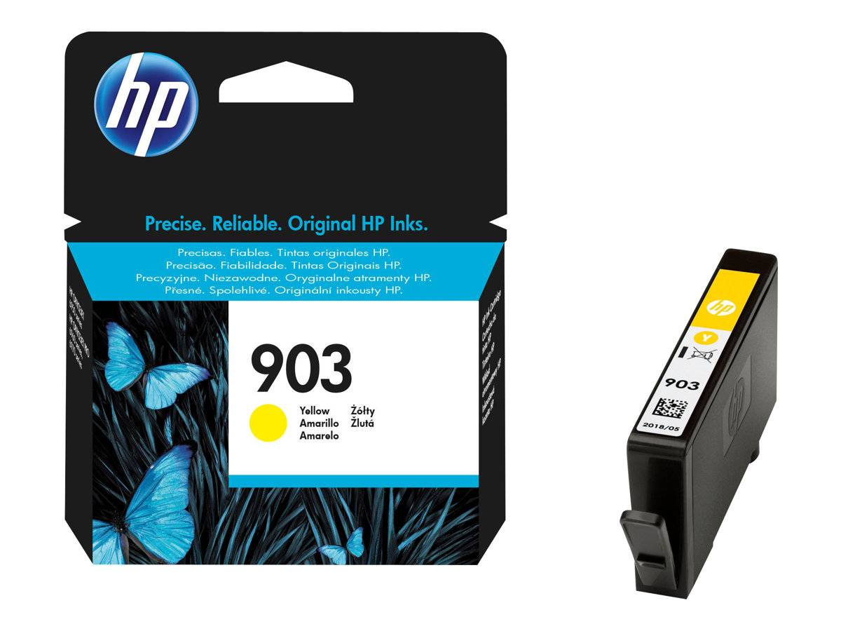 HP 903 gelbe Tintenpatrone, die neben der Patrone mit Schmetterlingsdesign und 